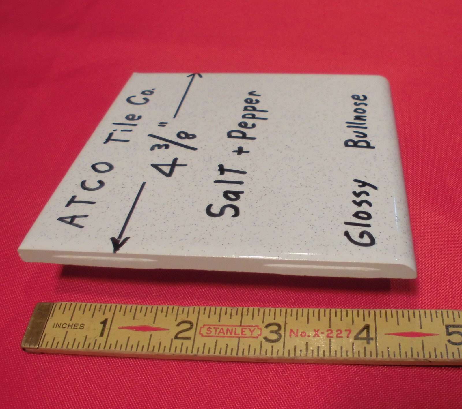 1 pc. Vintage 4-3/8″ *Salt & Pepper* Glossy Ceramic Bullnose Tile by ATCO NOS