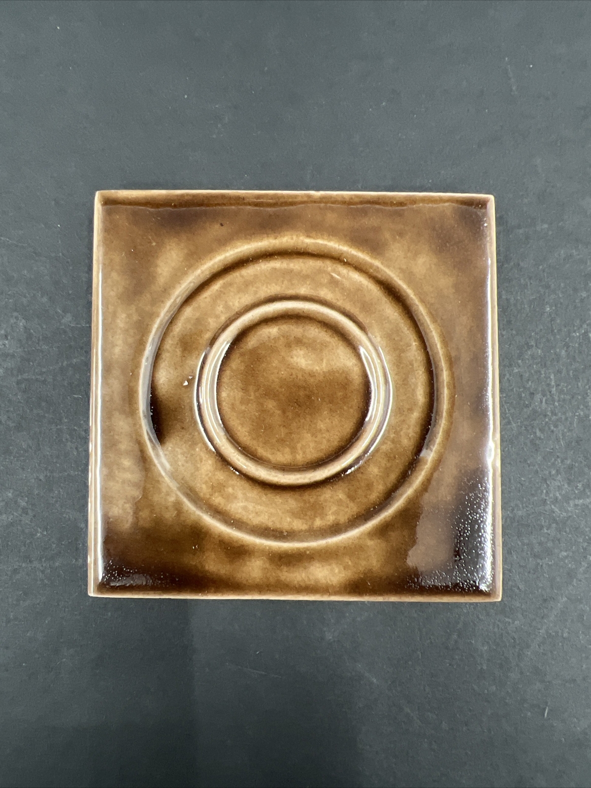 5 – Vintage Brown Ceramic Tile 2 7/8” Square 3/8” Thick Recessed Circles