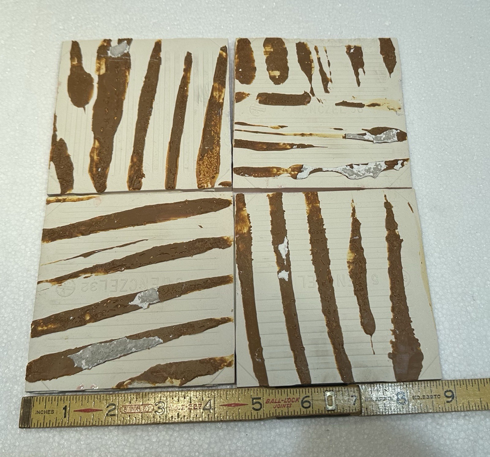 4 Corallin Pink Ceramic Tiles: by Wenczel Co. Used; all uncleaned & needs work