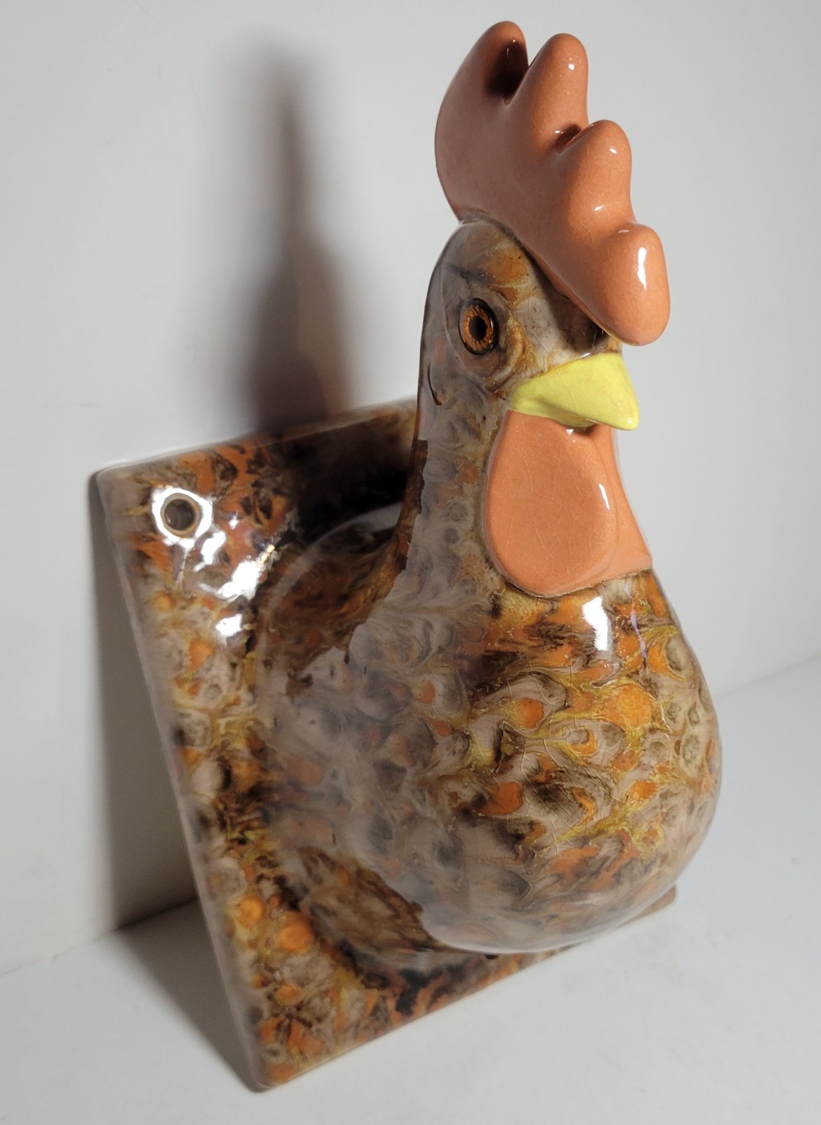 Unque Ceramic Wall Tile 3D Chicken- Rooster Head Glass Eyes Makers Mark dL