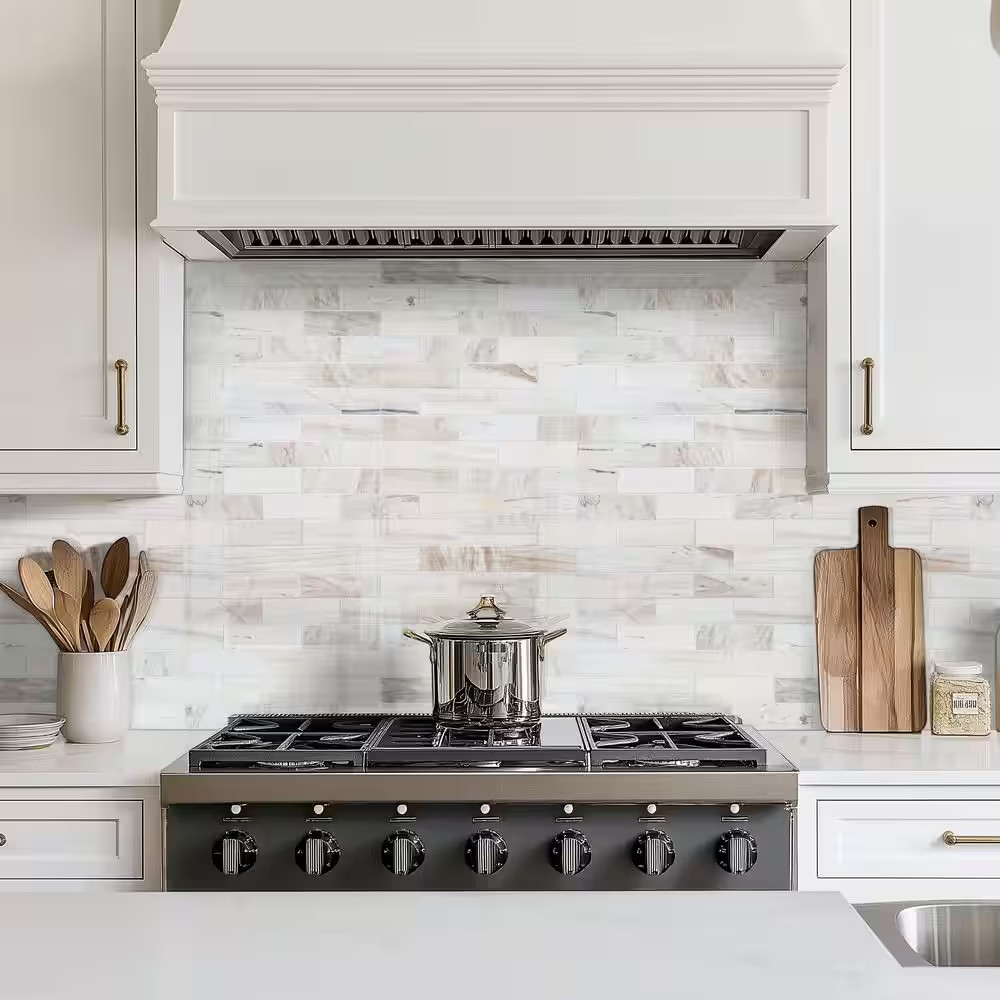 Angora Subway 12 In. X 12 In. X 0.38 In. Polished Marble Mesh-Mounted Mosaic Flo