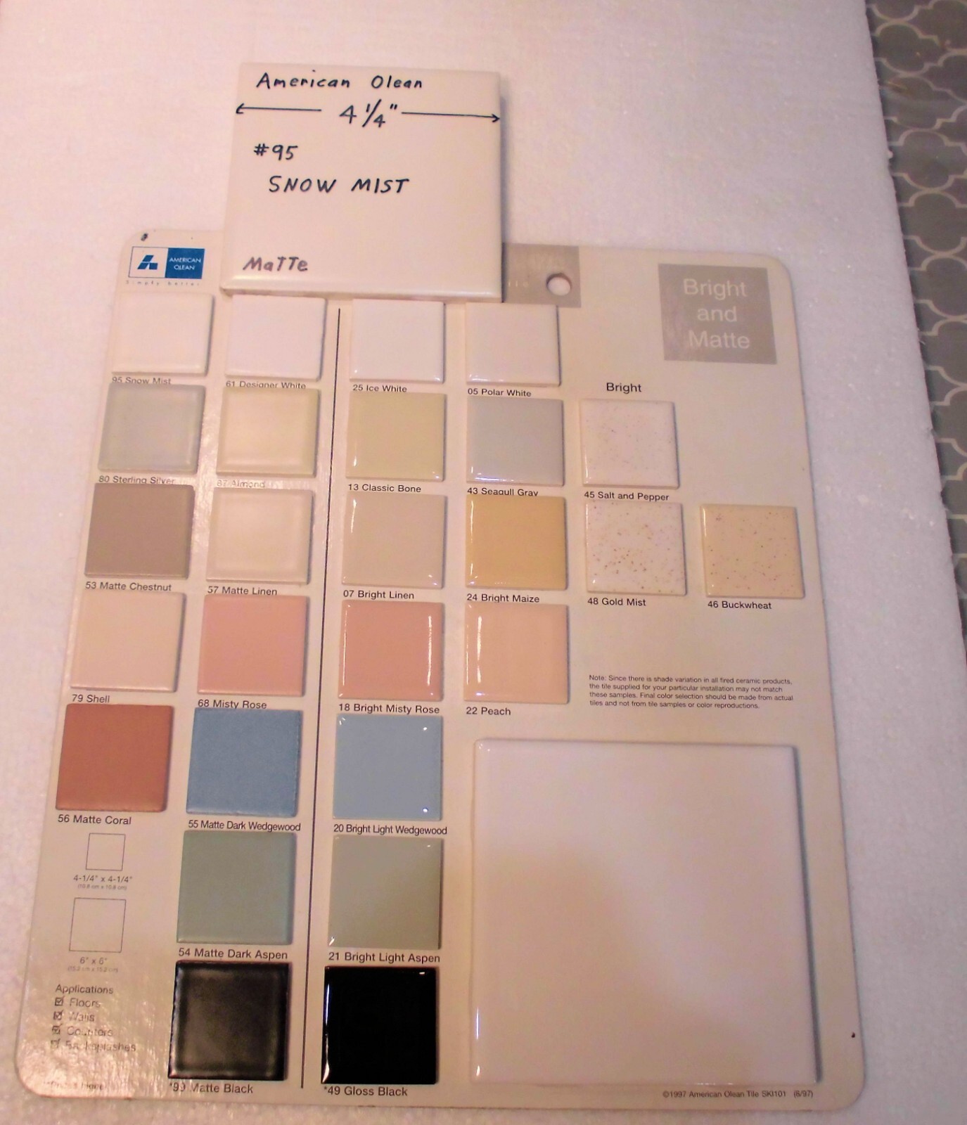 1 pc. Snow Mist: 4-1/4″ Matte White Ceramic Tile: American Olean, 1950’s-80’s