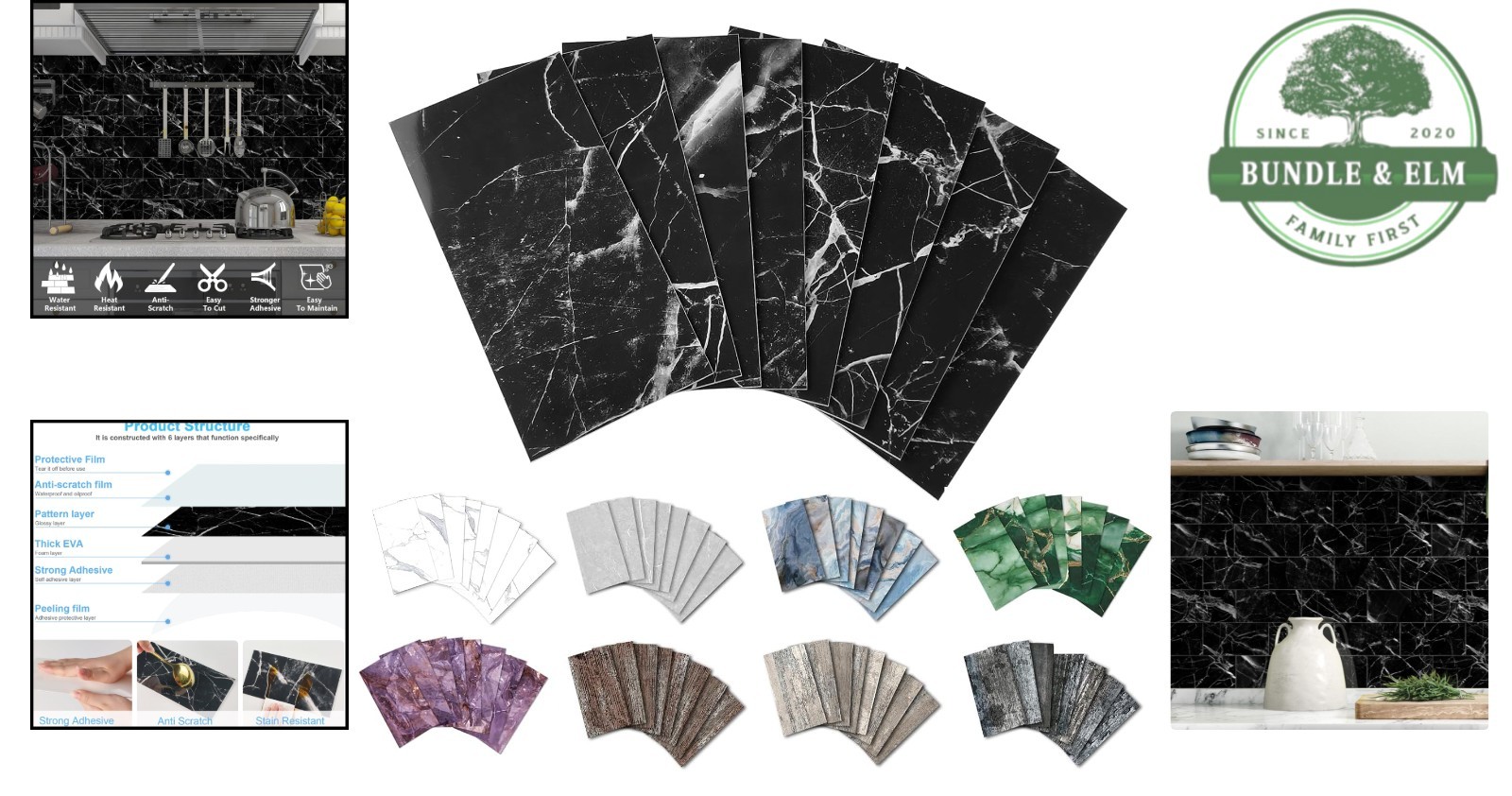 Peel and Stick Backsplash Tiles 32pcs PVC Black Marble 4×8 for Kitchen Bathroom
