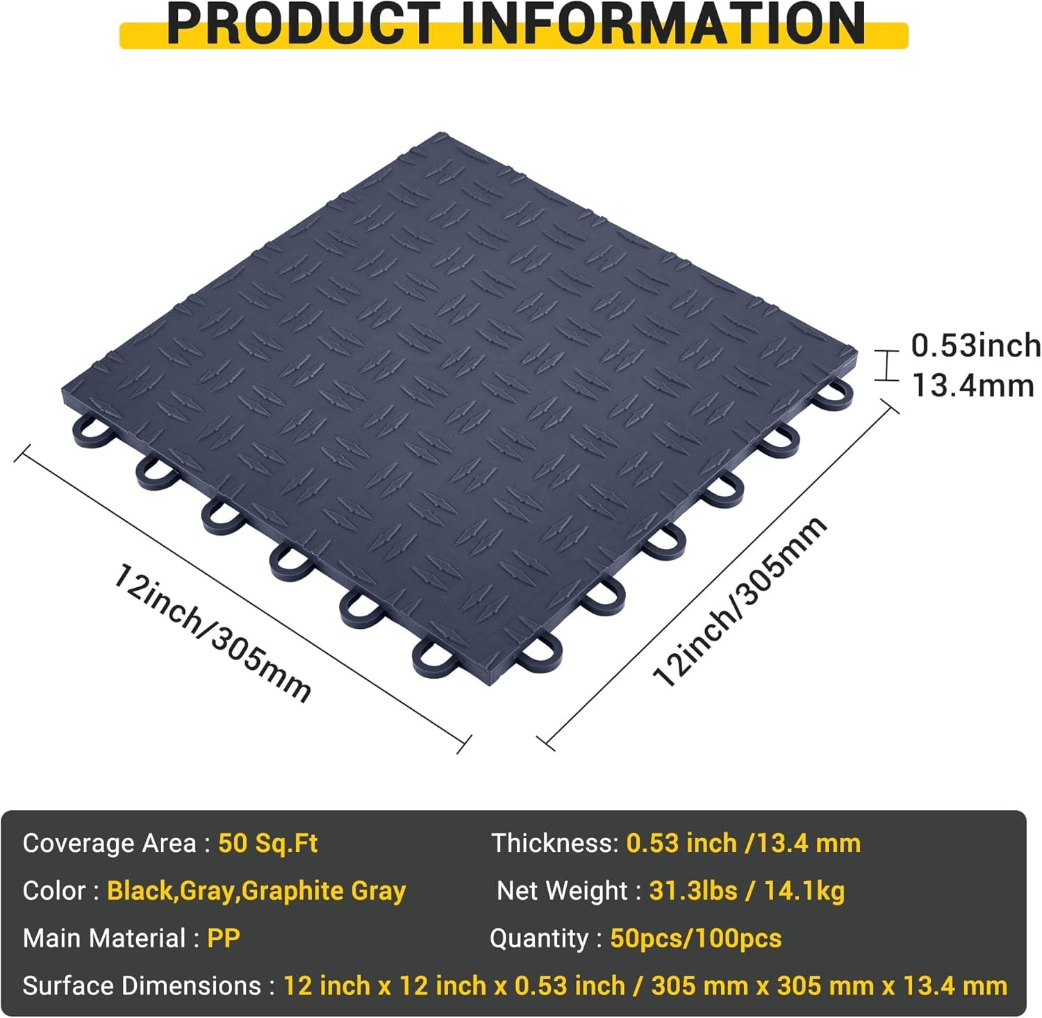 50 Pack Garage Floor Tiles Interlocking 12×12 in Garage Flooring Tiles Gray
