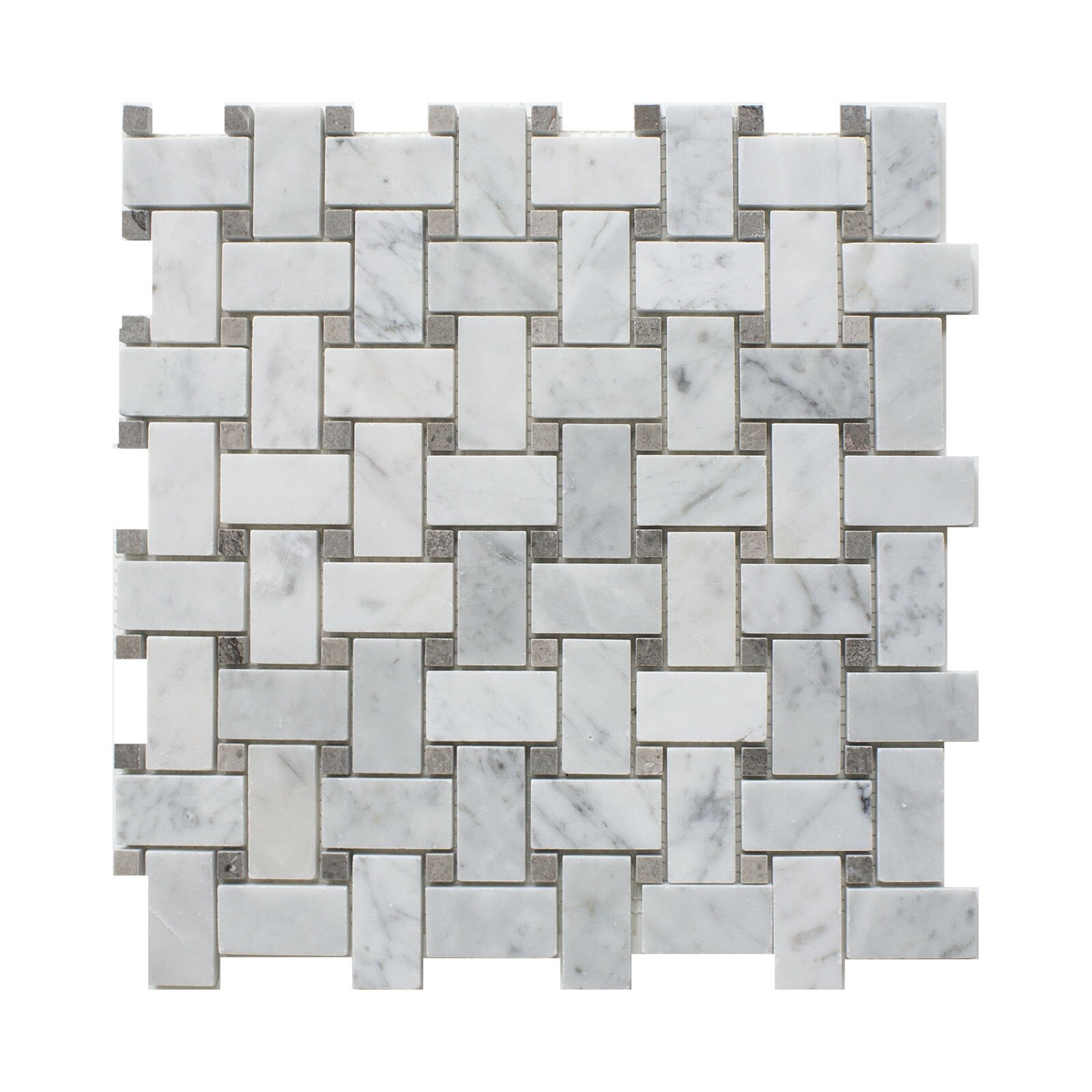 Simple Tile – Marble Mosaic Tile Basketweave Collection Carrara White + Grey Dot