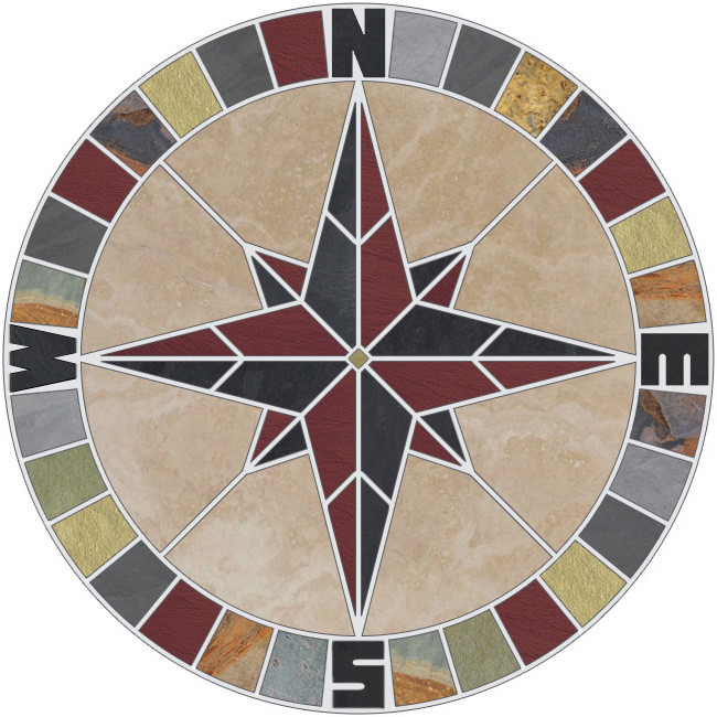 36″ Tile Mosaic Medallion Natural Stone Travertine & Slate Mariners Compass Rose