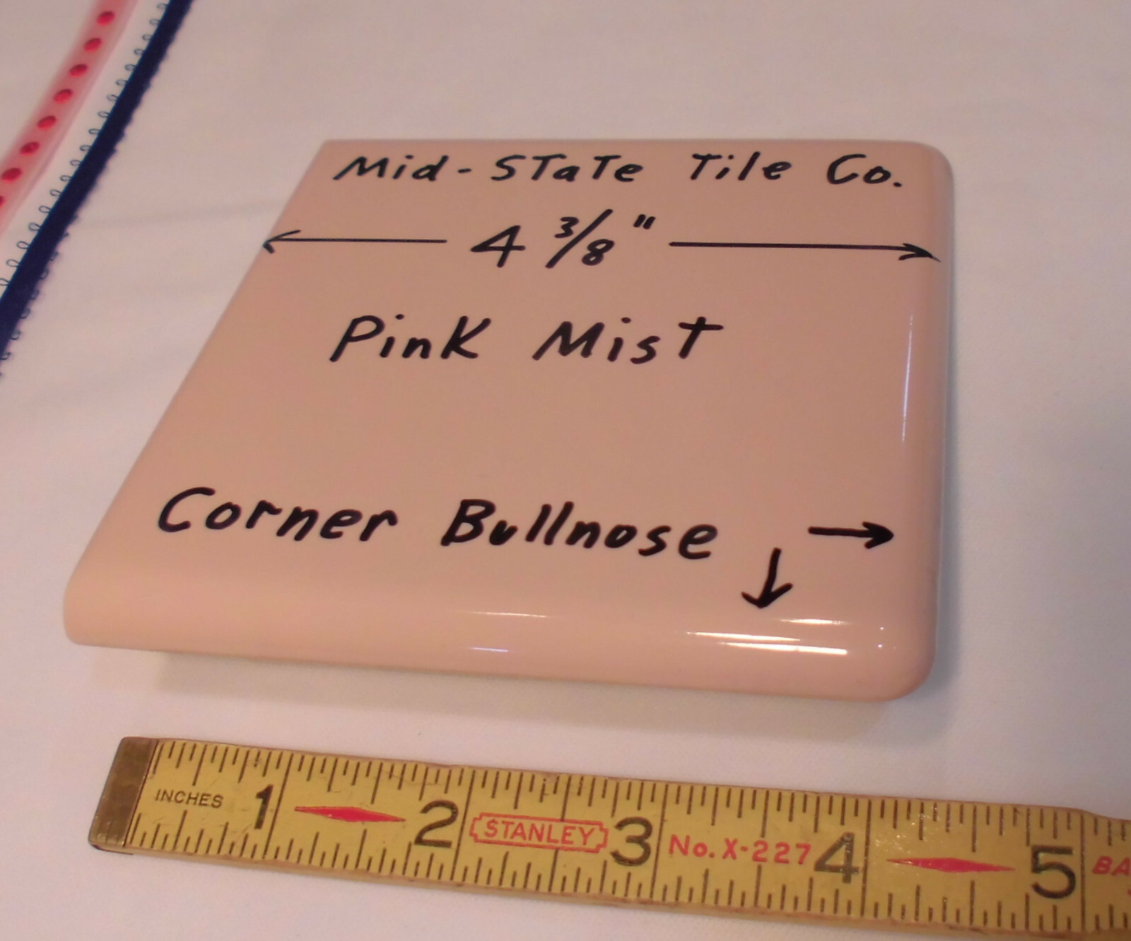 1 pc. “Glossy Pink Mist” Corner Bullnose Ceramic Tile 4-3/8″ by Mid-State Co.