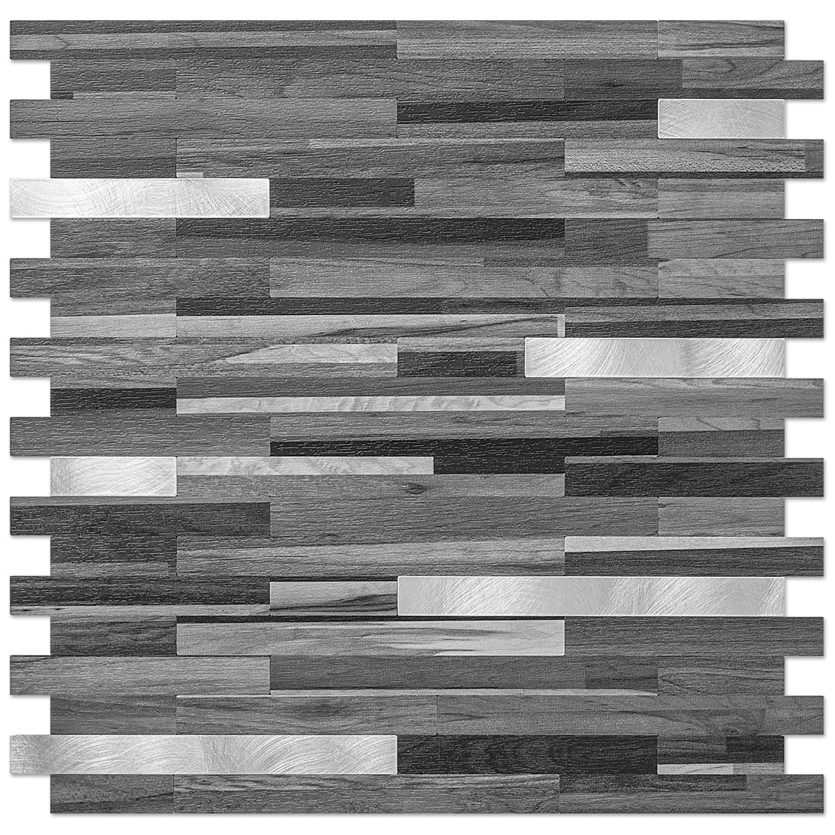 10-Sheet Peel and Stick Backsplash Tile, Black & Grey Wood Look PVC Mixed Met…