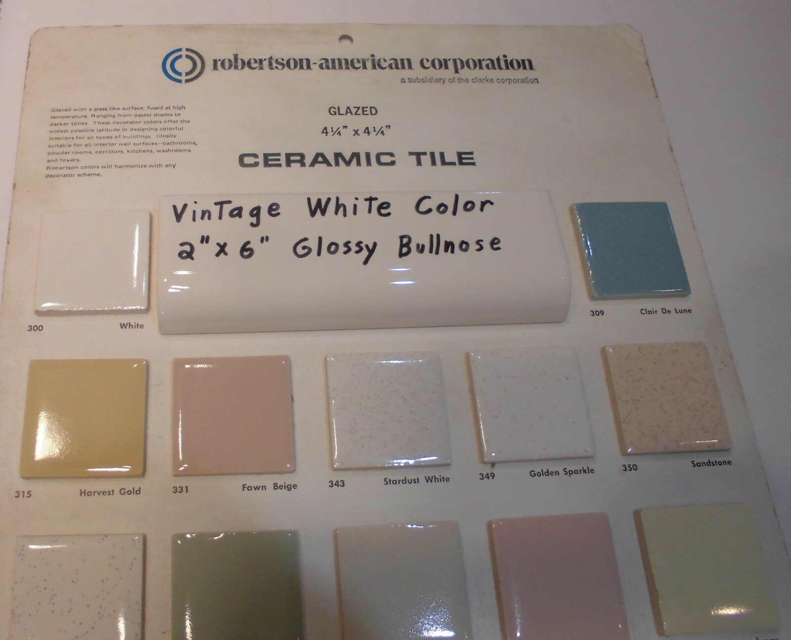 1 pc. *Vintage White* Glossy 2″ X 6″ Ceramic Radius Bullnose Tile; Mud Caps
