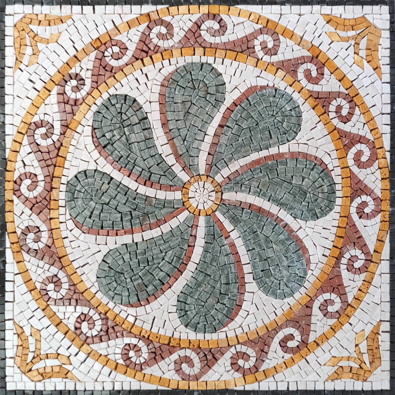 Handmade Square-Shaped Decorative Green Flower Motif with Wave Border Mosaic Til