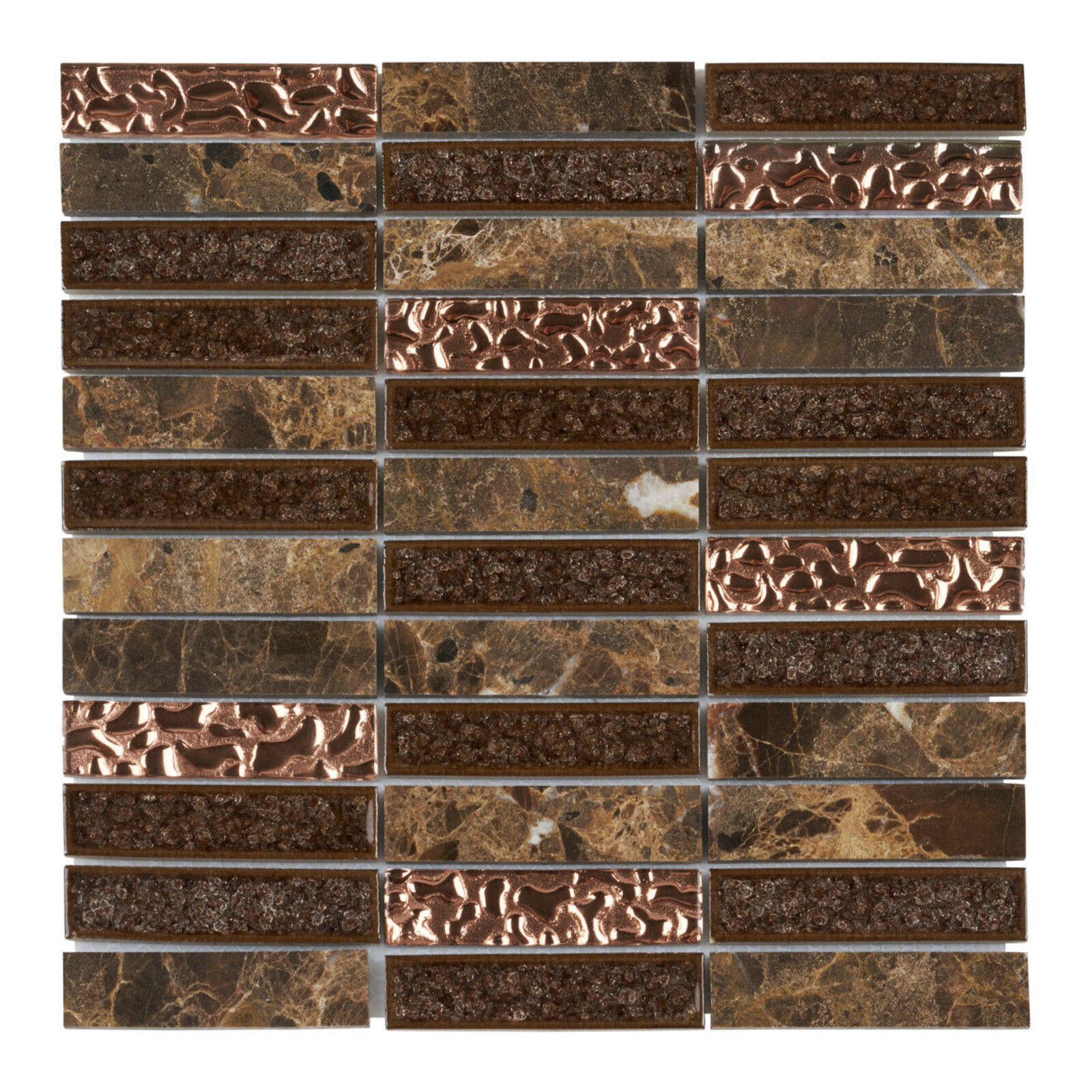 Brown Marble Stone Mosaic Tile Rose Gold Glass Stacked Kitchen Wall Backsplash