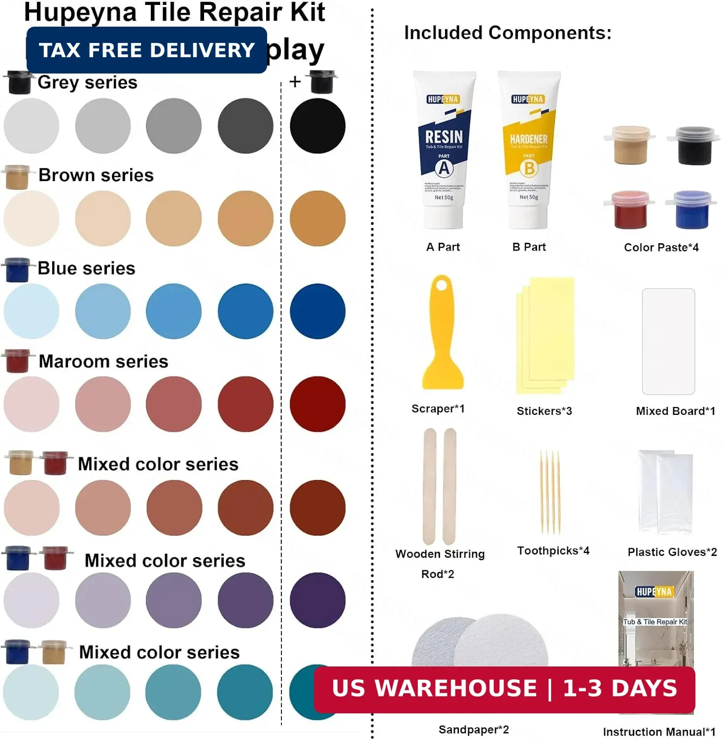 Tub, Tile and Shower Repair Kit (Color Match), Hupeyna Porcelain Repair Kit, Bat