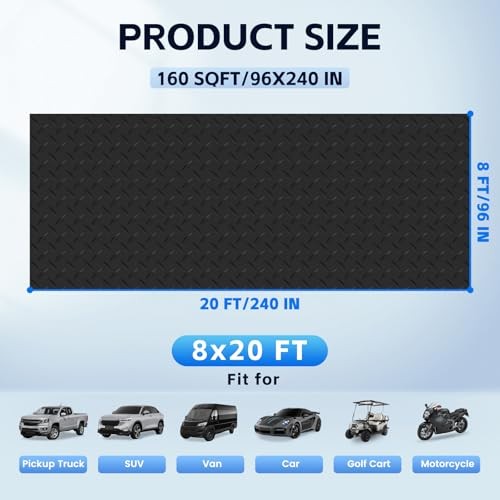 Black 8×20 FT Garage Floor Mat – Thickened PVC Diamond Plate 2.8mm Thickened