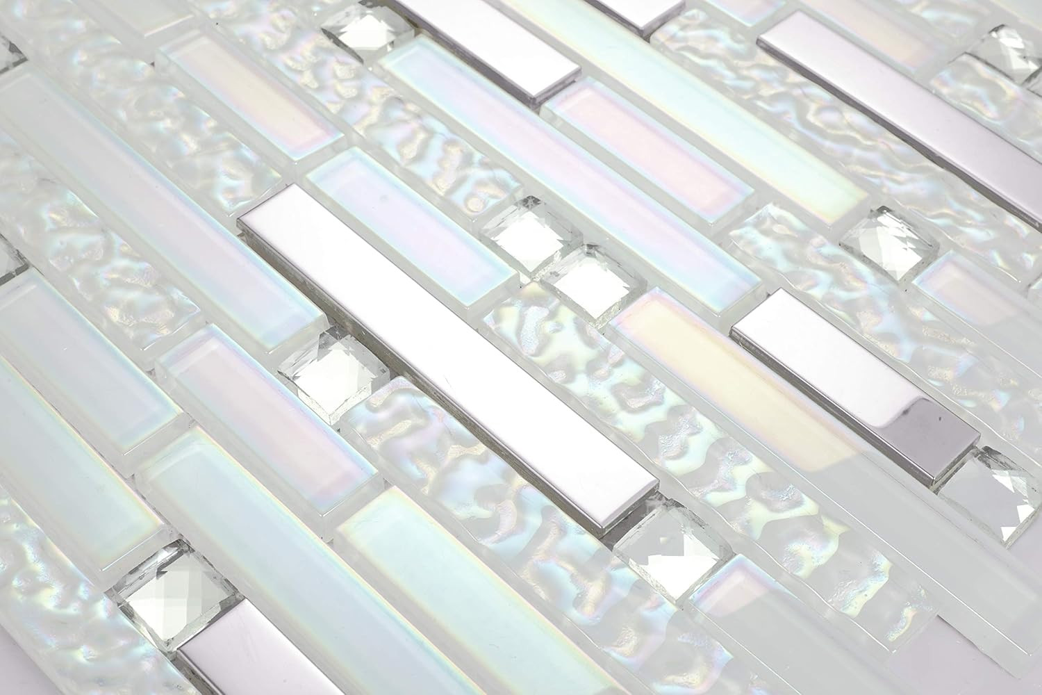 Glass Metal Tile Linear Mosaic Iridescent White Crystal Glass Chrome Metallic In