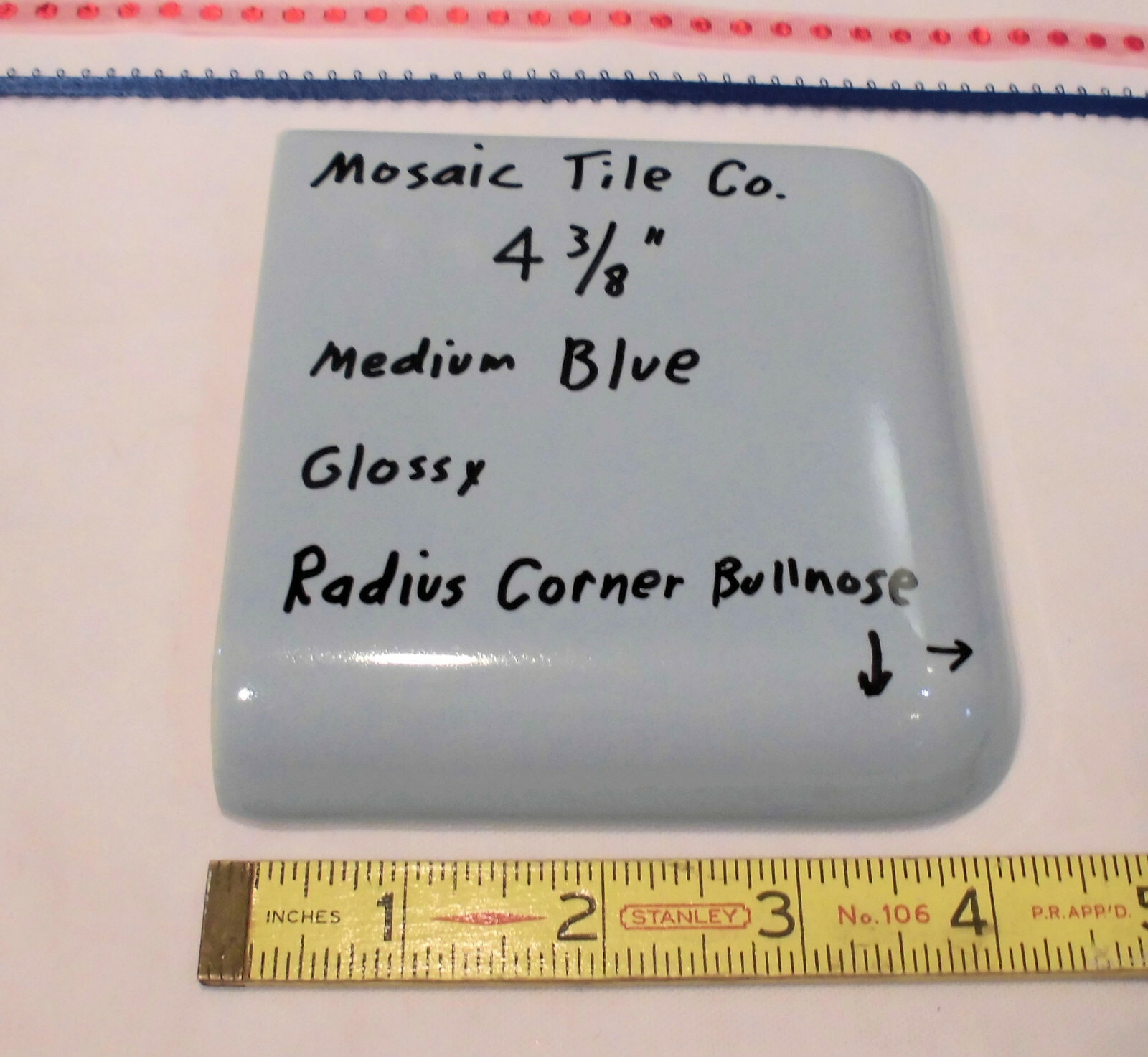 1 pc. Medium Blue – Gray; Radius Corner Bullnose Ceramic 4-3/8″ Glossy; Mosaic