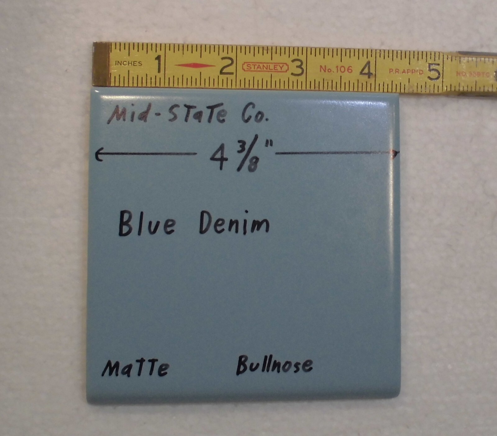 1 pc. Blue Denim: Matte Ceramic Bullnose Tile 4-3/8″ by Mid-State Co. NOS