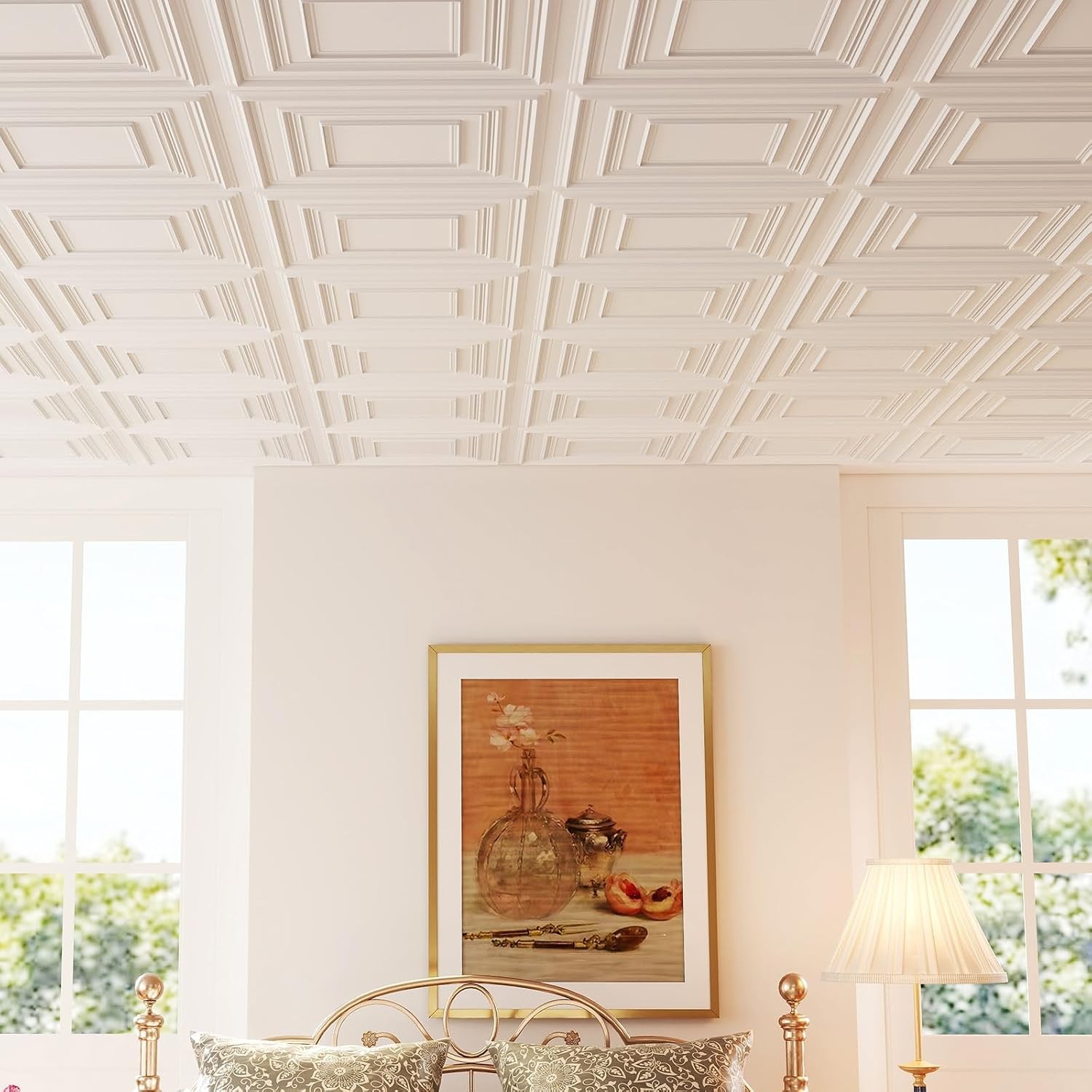 12Pcs Ceiling Tiles 24×24 in PVC Easy Installation White Geometric Ceiling Panel