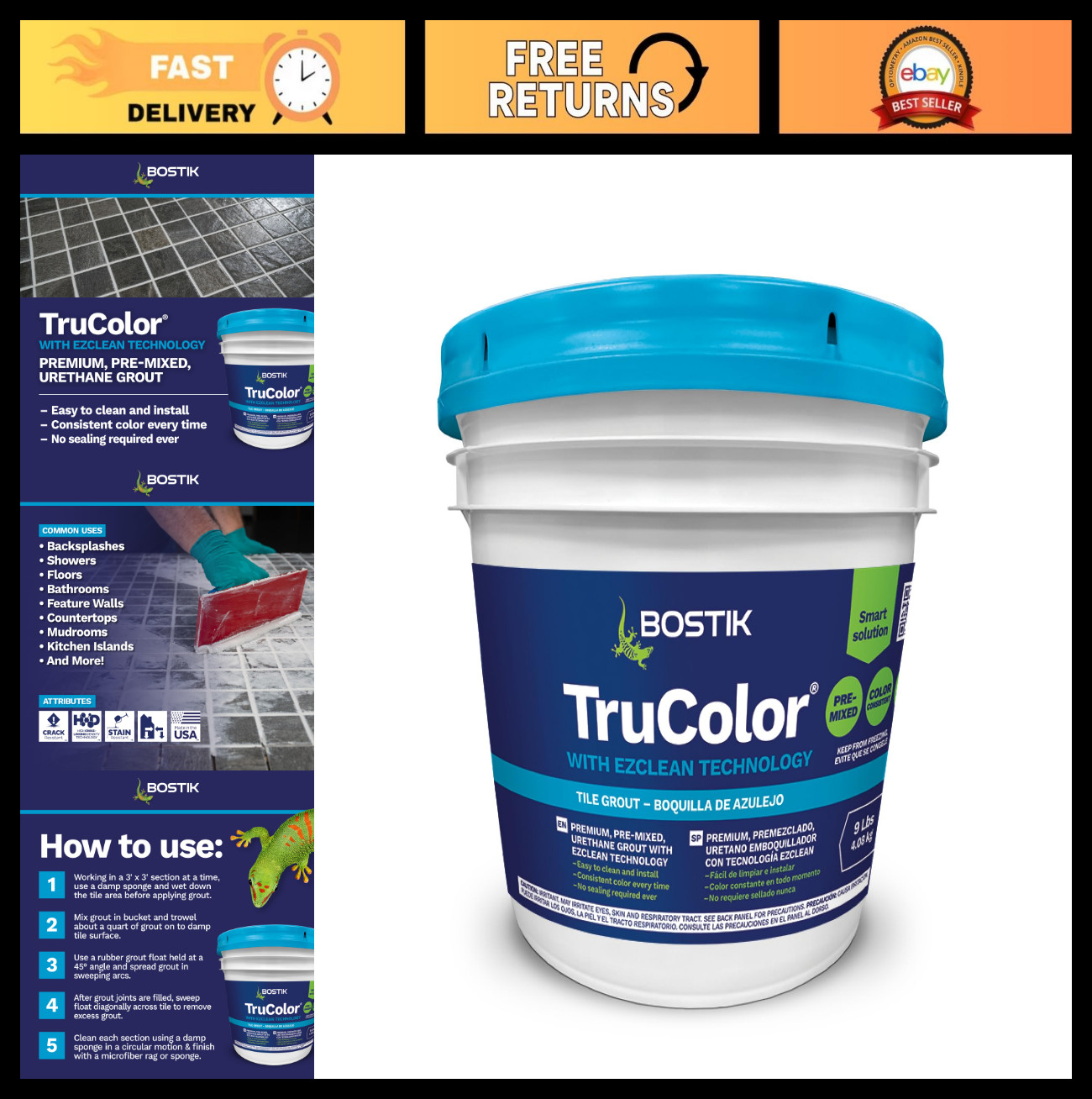 Premium 9lb Pre-Mixed Tile Grout | Easy Apply, Stain Resistant, Fast Drying, Moc