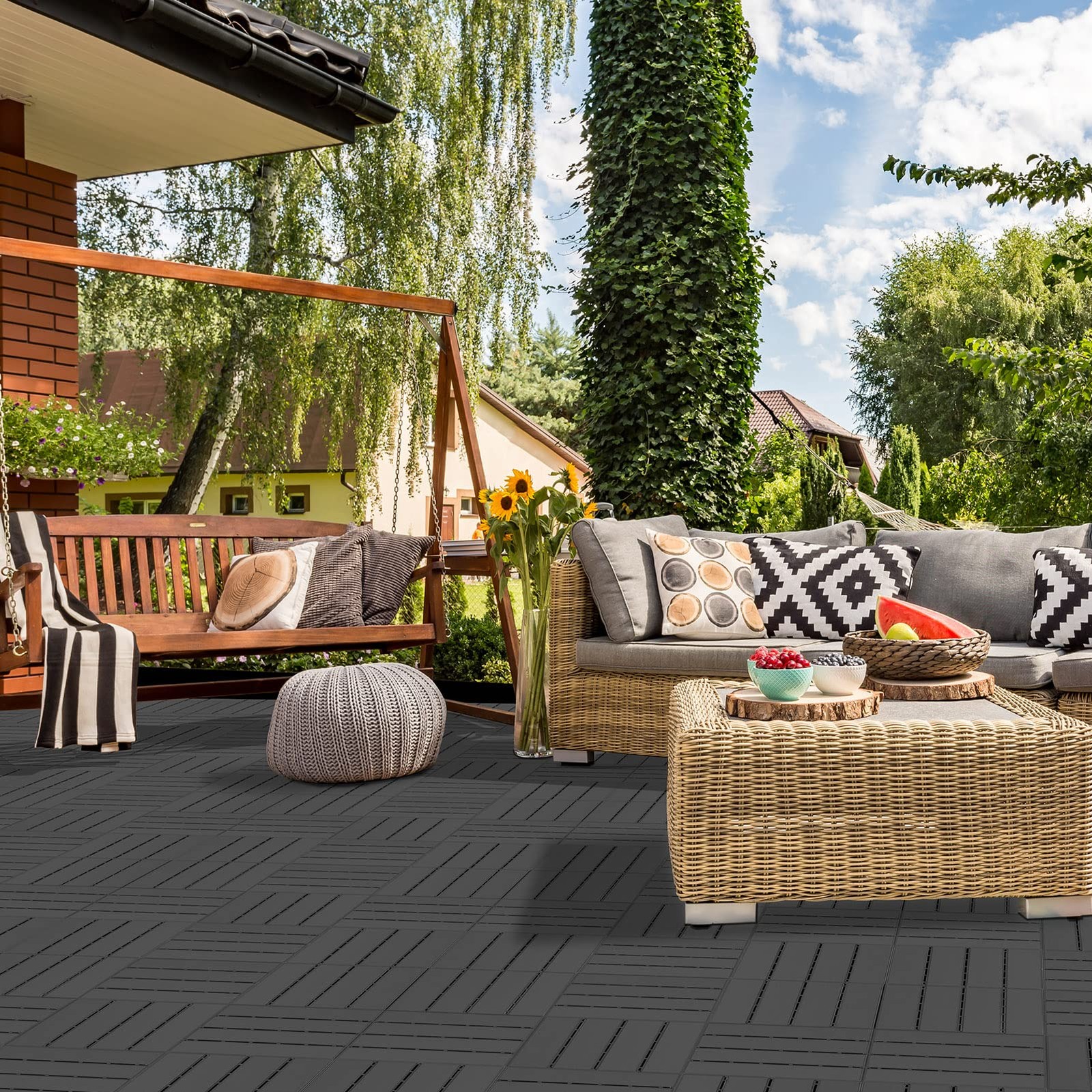 Goovilla Plastic Interlocking Deck Tiles, 9 Pack , 12×12 Waterproof Outdoor Floo
