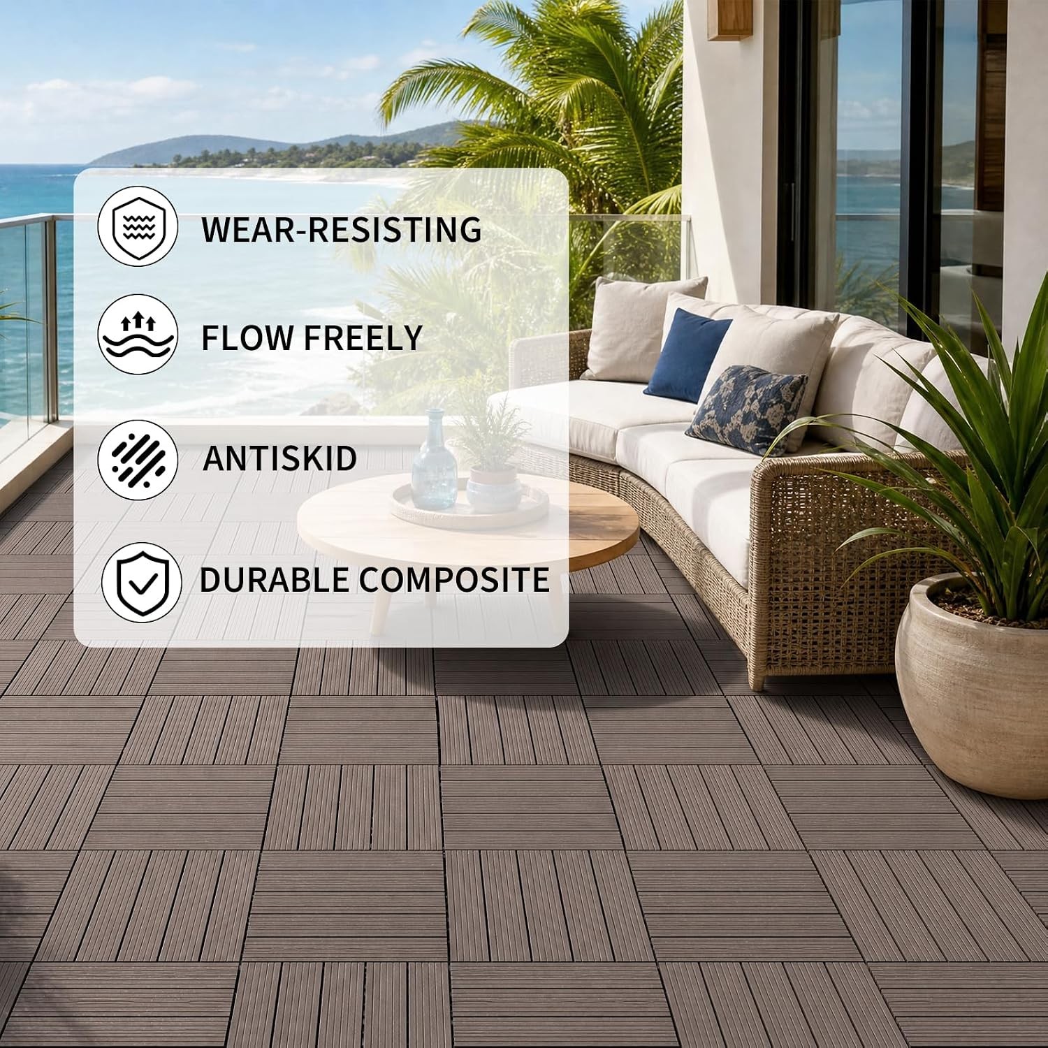 10 Pack Snap-Lock Deck Tiles 12x12in WPC Outdoor Flooring for Garden Poolside