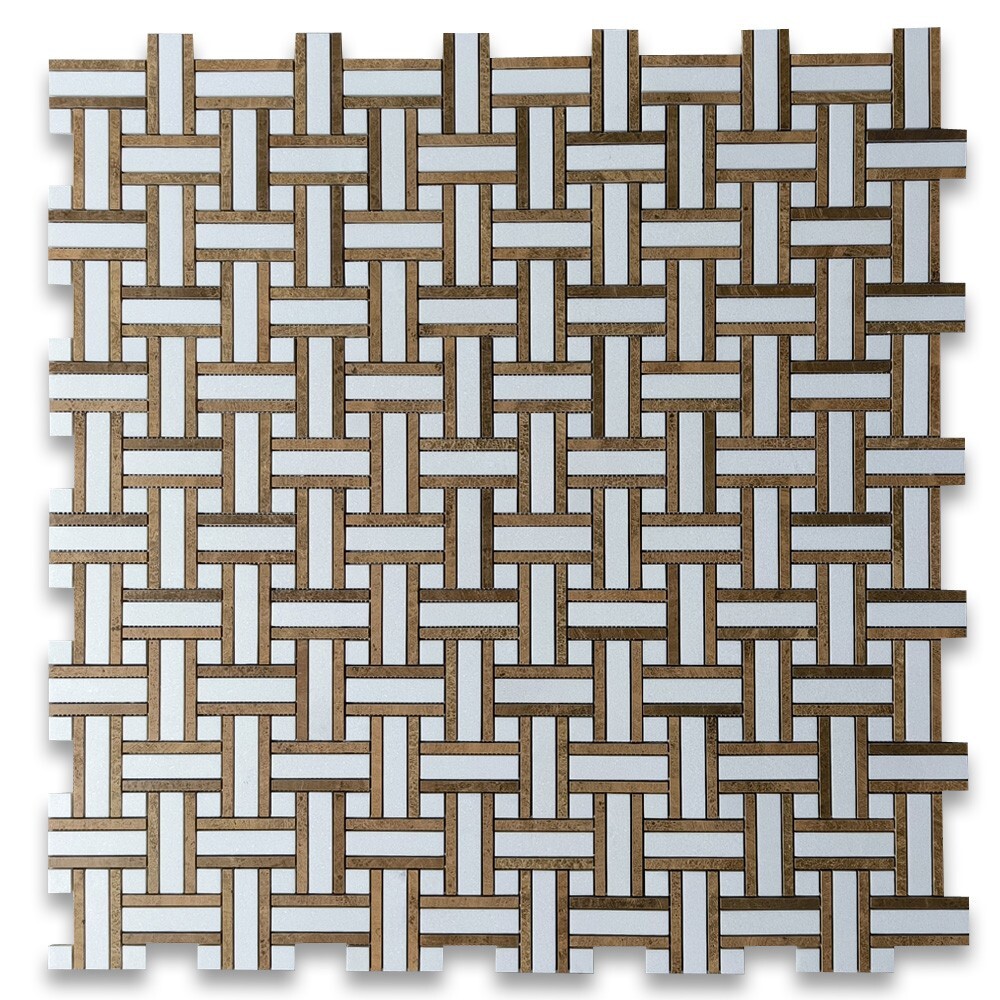 T66A8XH Thassos White Marble Twine Basketweave Mosaic Tile Yellow Woodgrain