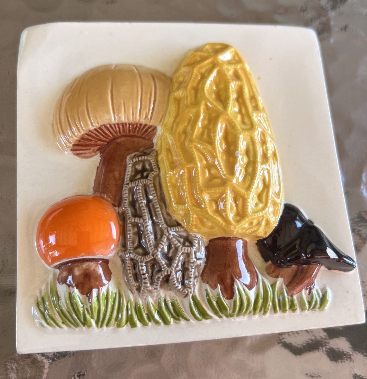 Vintage 1970s Lot of 3 Ceramic Wall Tiles Mushrooms 3 D Handmade 5″ Ivory/Brown