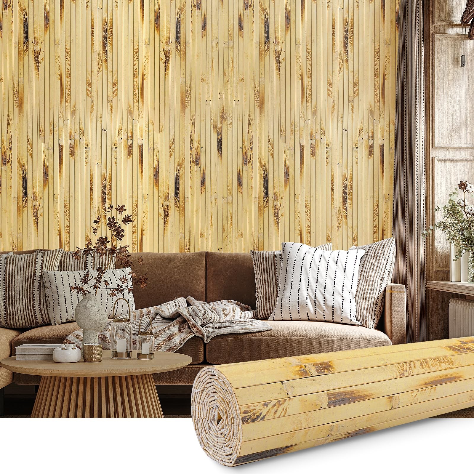 Bamboo Wall Panel for Interior Decoration Bamboo Pole Wrap Roll Natural Wains…