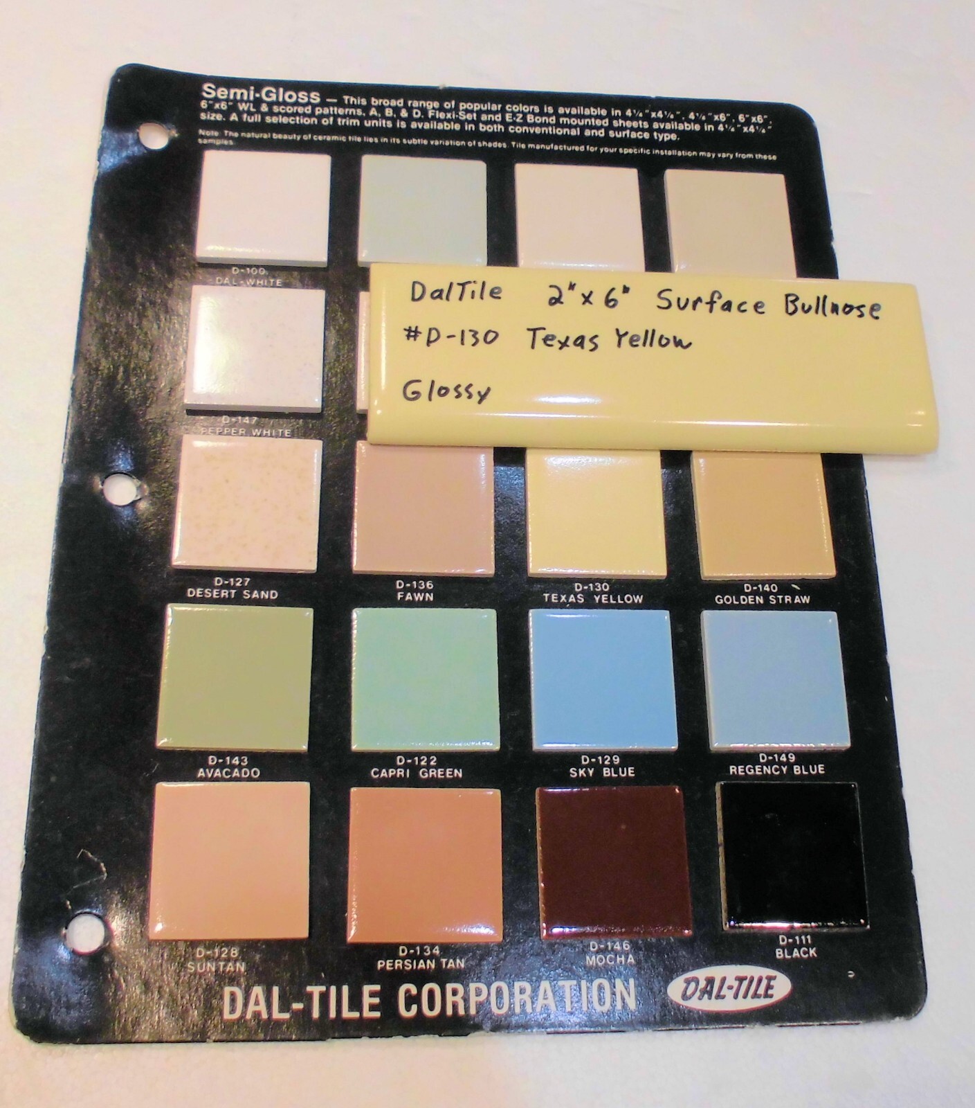 1 pc. Texas Yellow: Glossy Ceramic Bullnose Flat Trim Tile by Daltile in 1970’s