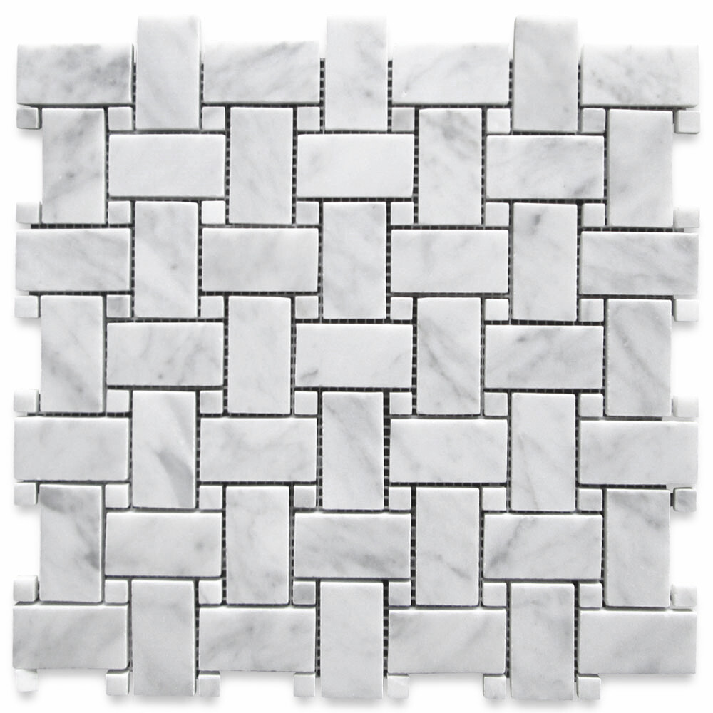 C650XP Carrara White Marble Basketweave Mosaic Tile White Dots Polished 1×2