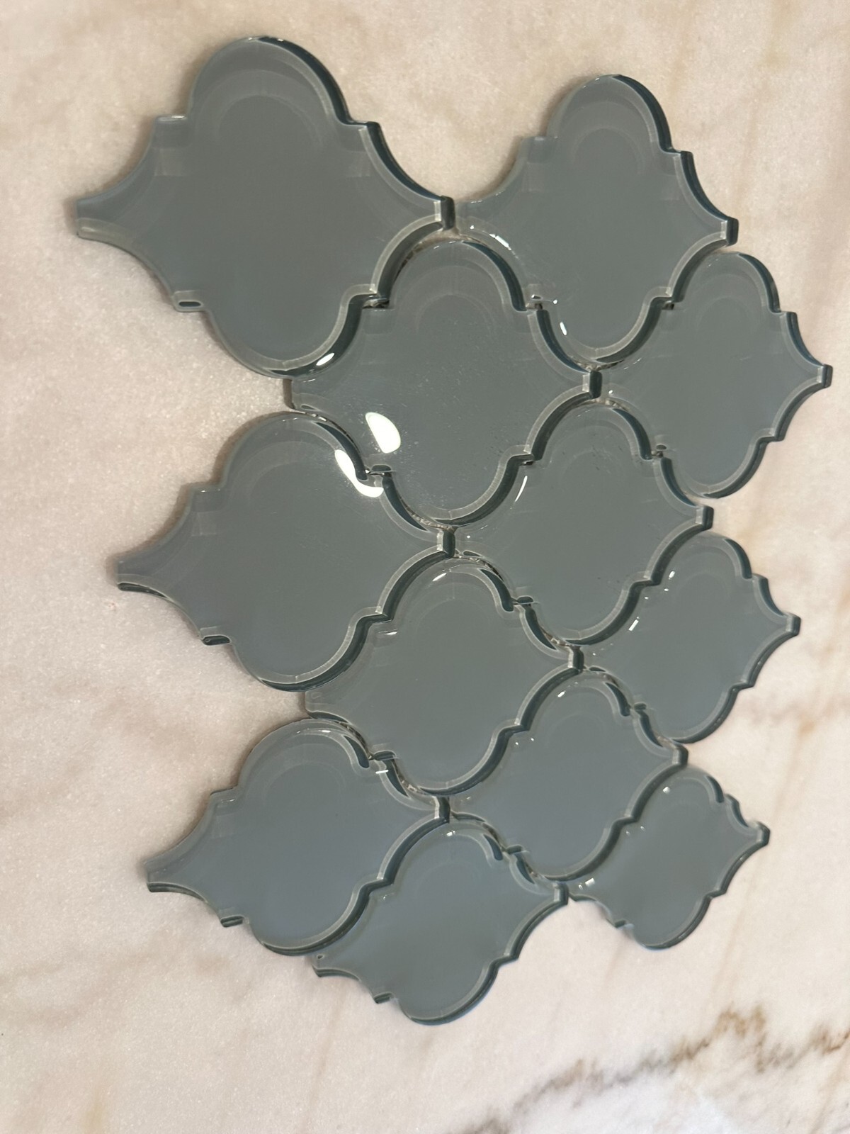 Gray Arabesque Glossy Glass Mosaic 9″x13″ Offset