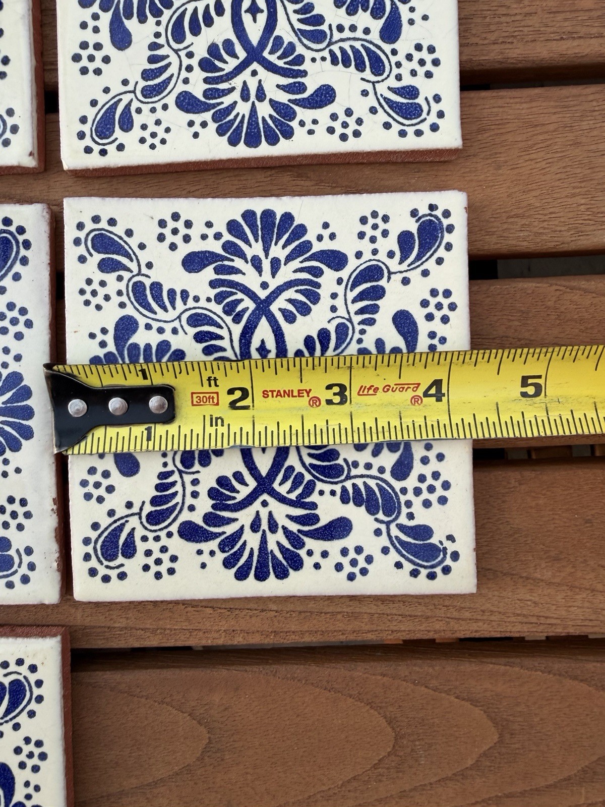 MEXICAN TALAVERA TILES 4×4 TERRACOTTA & WHITE BLUE FOLK ART