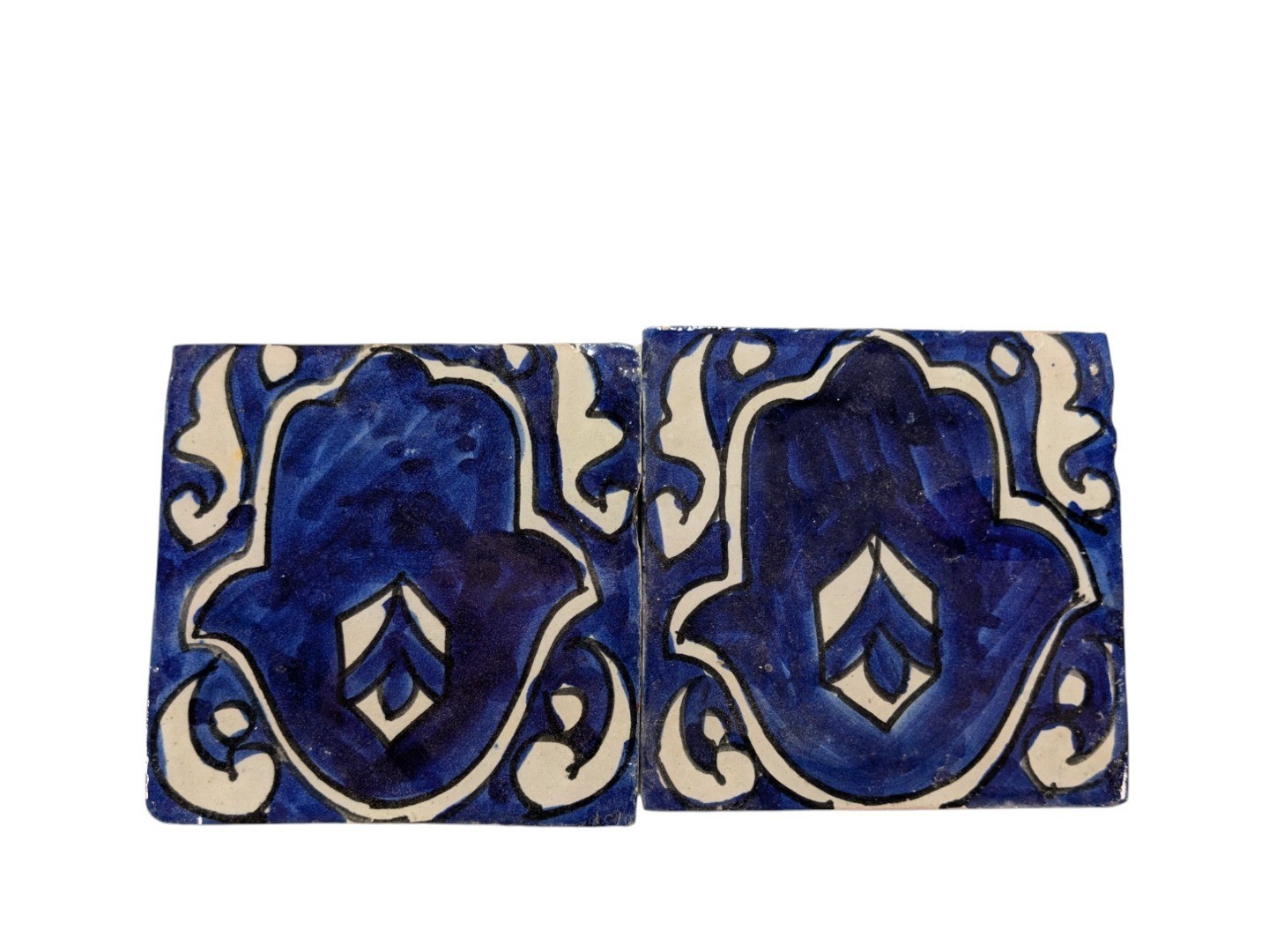 2x Moroccan Zellige Mosaic Tiles Pair Hamsa Design F 10cm/4 Inch