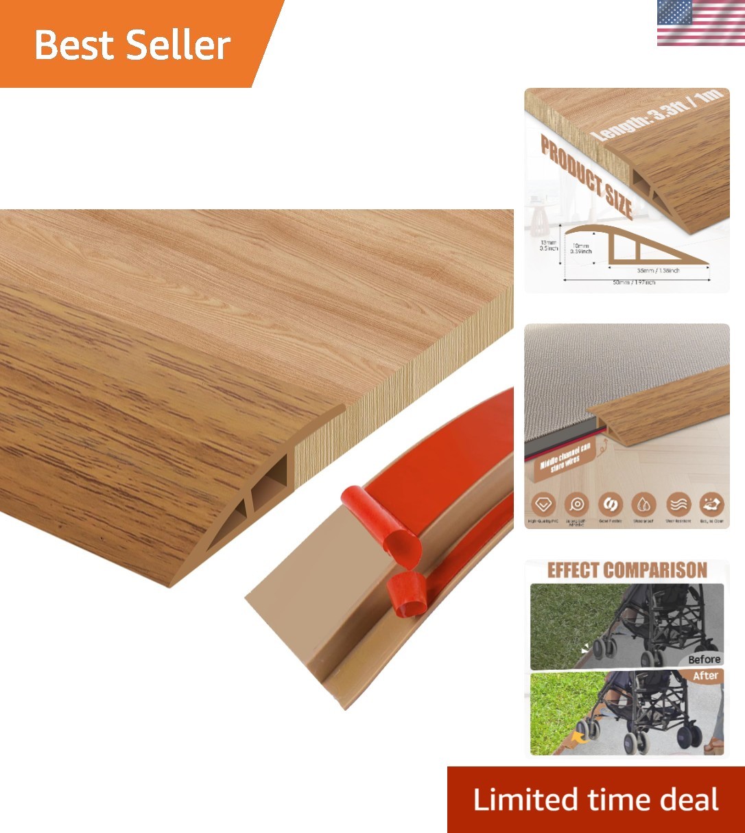 Commercial Grade 39″ PVC Floor Transition Reducer – Easy Install Threshold Strip