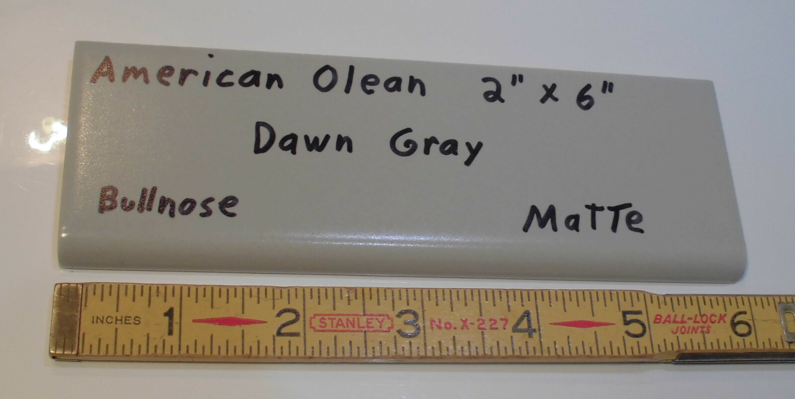 1 pc. Vintage Matt Ceramic Bullnose Tile 2” X 6” Dawn Gray; by American Olean