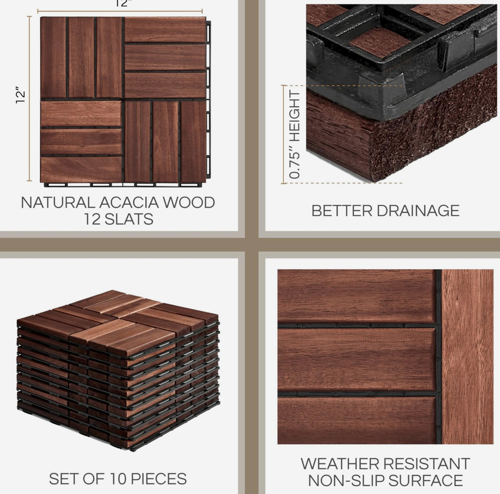 Thyoi Deck Tiles Dark Brown Natural Acacia 12″ x 12″ 10 Pack