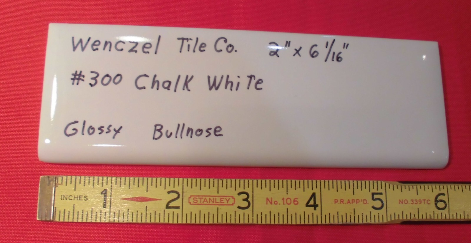 1 pc. Chark White: Glossy Ceramic Bullnose Tile by Wenczel 2″ X 6-1/16″ NOS