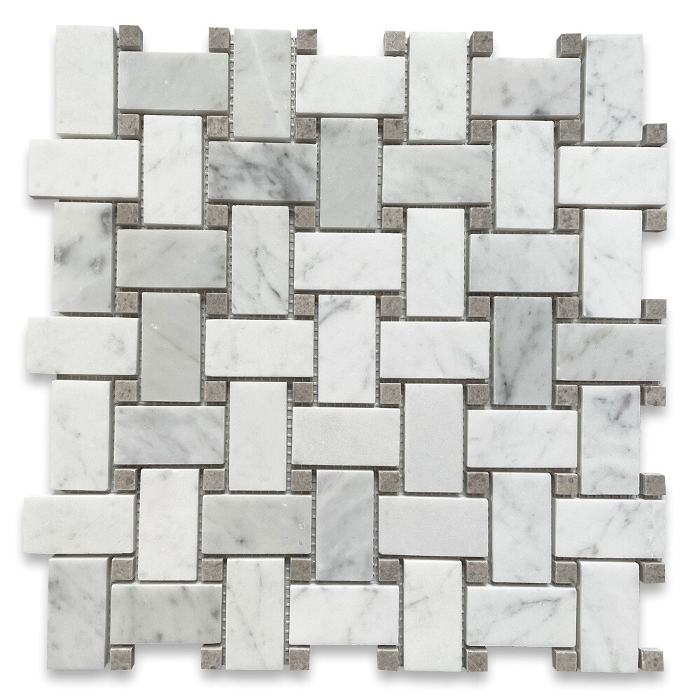 C653XP Carrara Venato Marble 1×2 Basketweave Mosaic Tile Gray Dots Polished