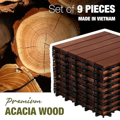 Premium Acacia Wood Interlocking Deck Tiles, 12″x12″x0.9″ Dark Brown – Striped