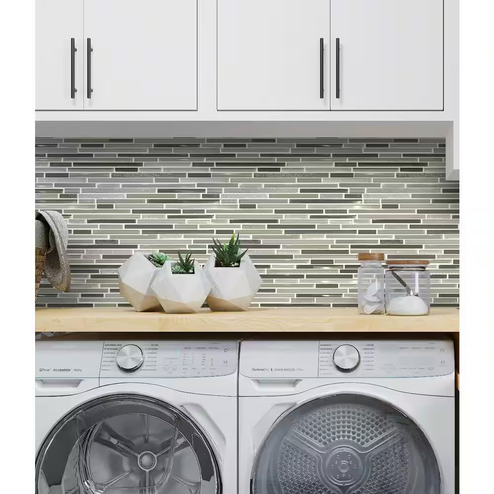 Waterfall Beige and White 11.8 In. X 11.8 In. Linear Glass Mosaic Floor and Wall