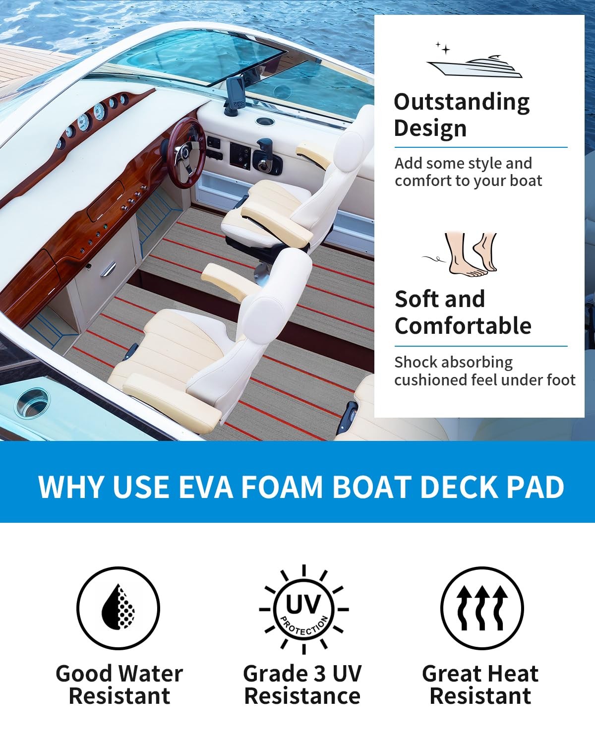 Boat Flooring Eva Foam Selfadhesive 96”x45.6”/36”/28.8”/16.8” Faux Teak Mar