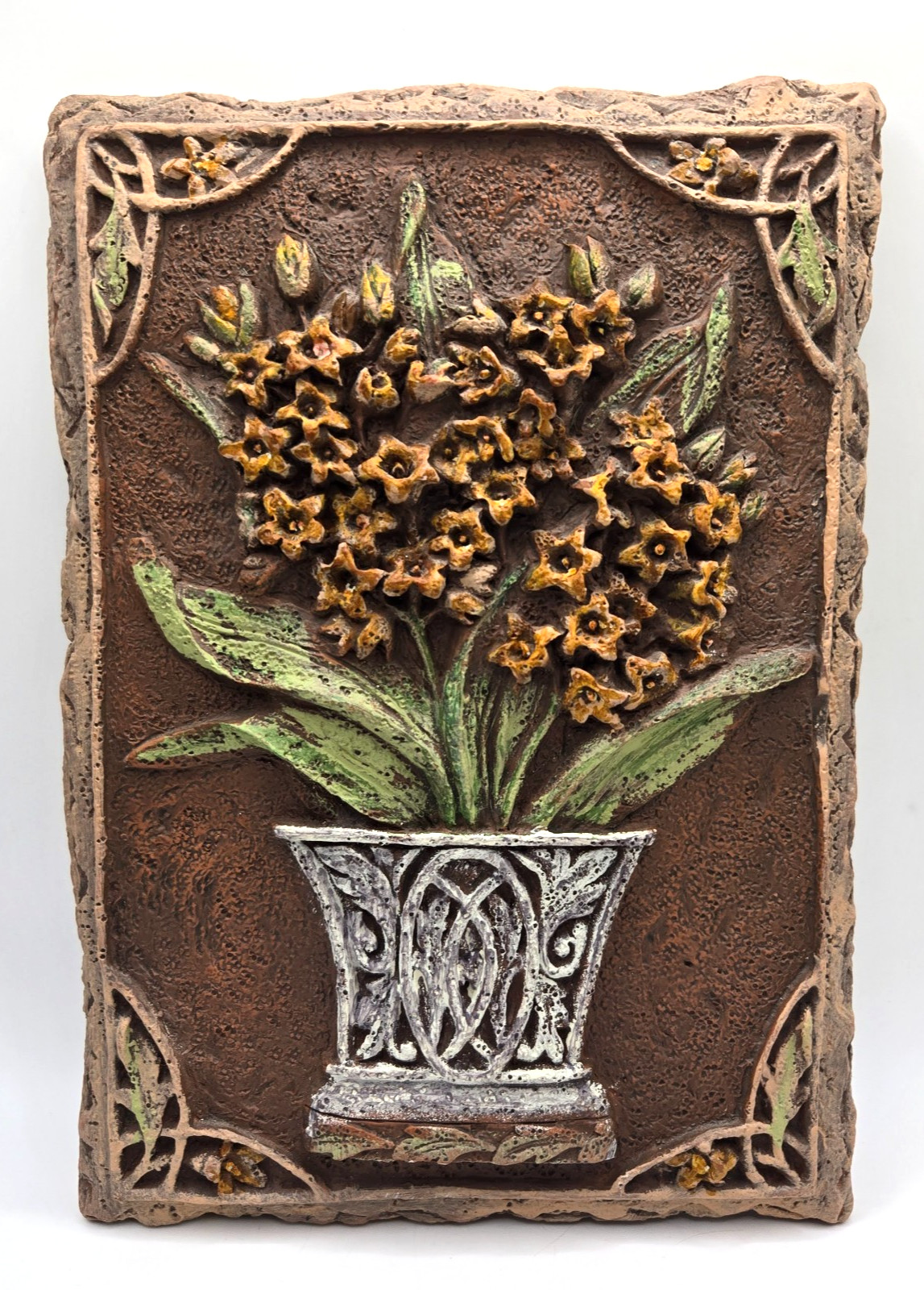 3-D Wall Tile Flower Bouquet With Border Vintage Hermitage Hand Painted Heavy