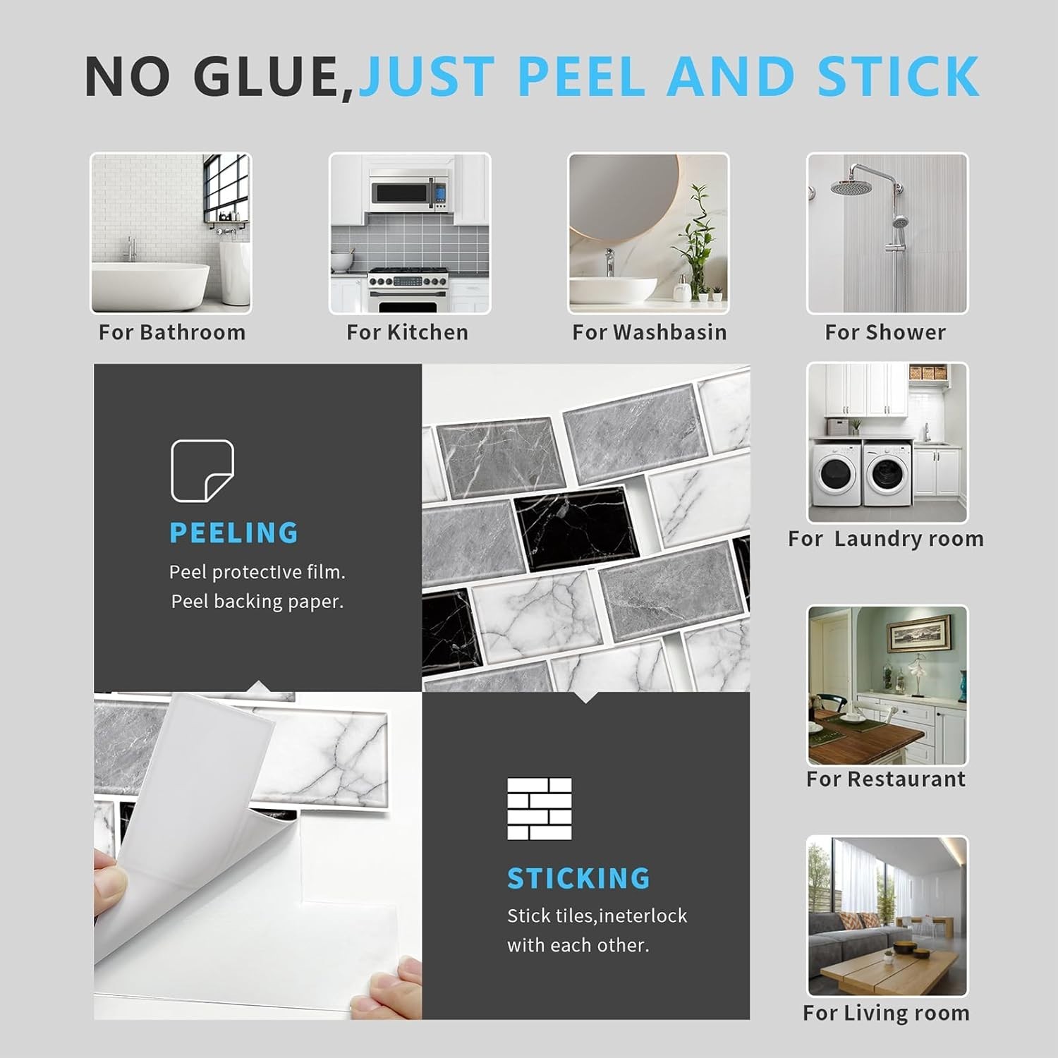 10 Sheets Peel & Stick Marble Backsplash Tiles 12×12 in Gray White Black