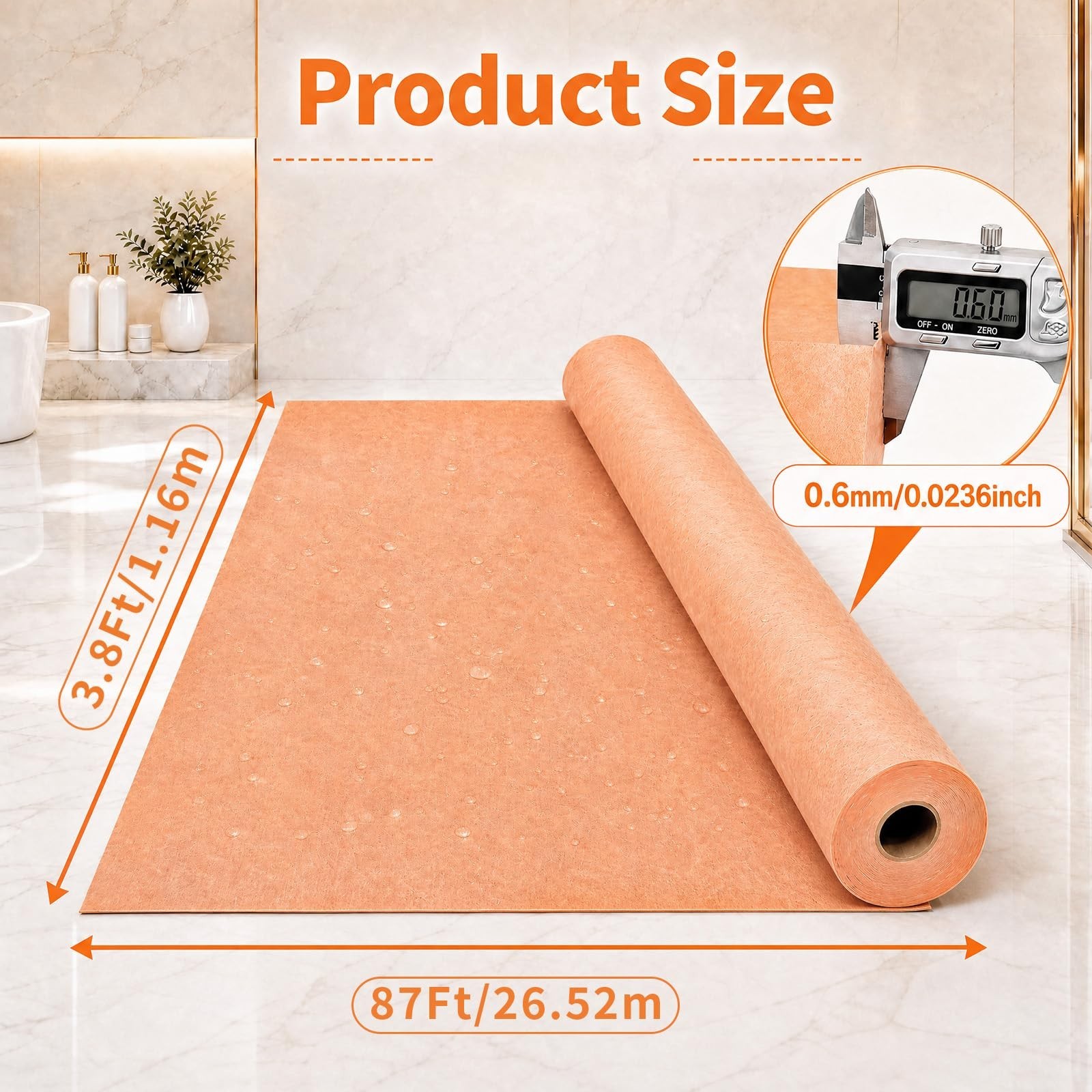 Waterproof Shower Membrane 3.8Ft x 33Ft, 125 Sq Ft, 23.6 Mils Thick Tile Underla