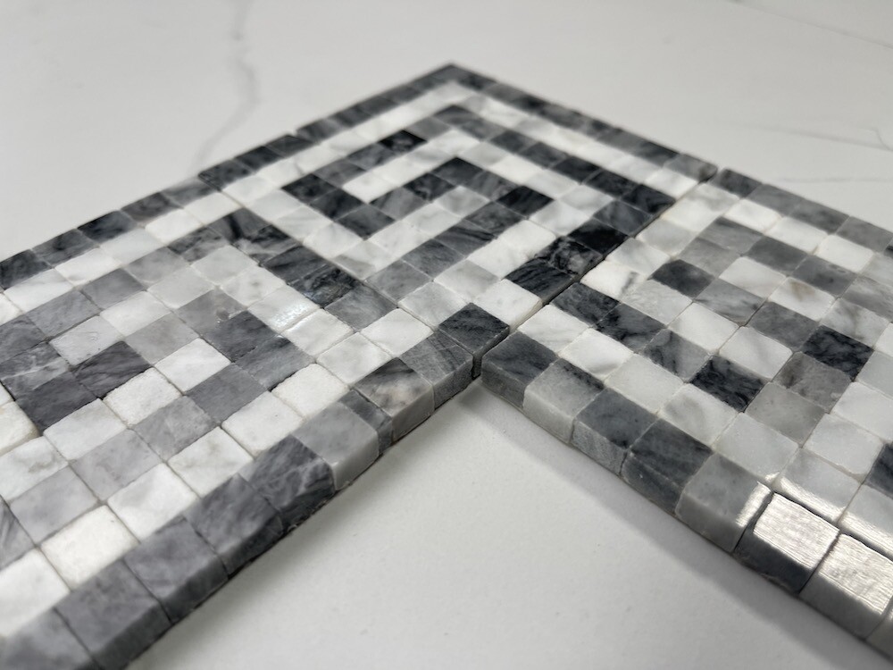 B0102P Carrara White Bardiglio Gray Marble Greek Key Mosaic Border Listello