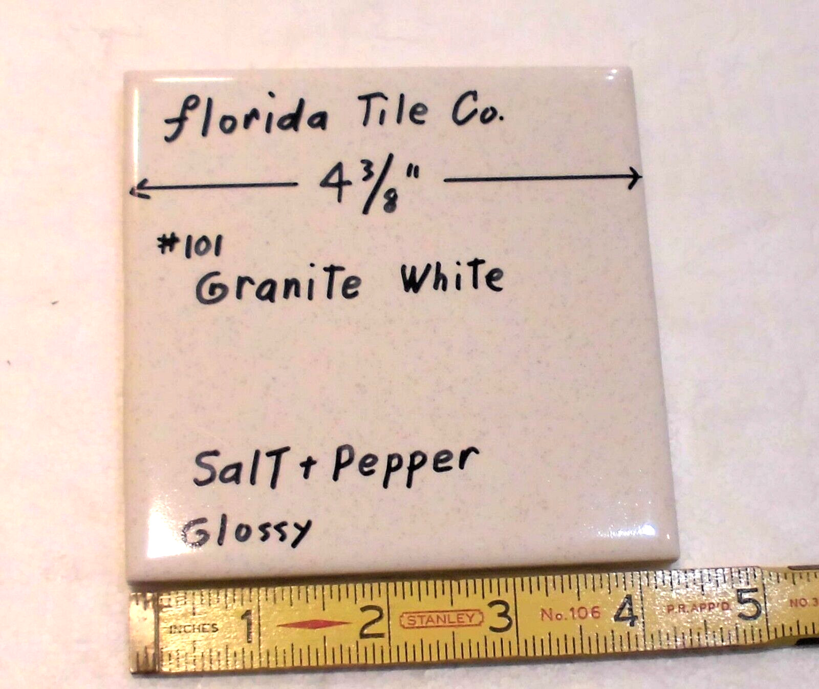 1 pc. Salt + Pepper / Granite White: 4-3/8″ Glossy Ceramic Tile by Florida Co.