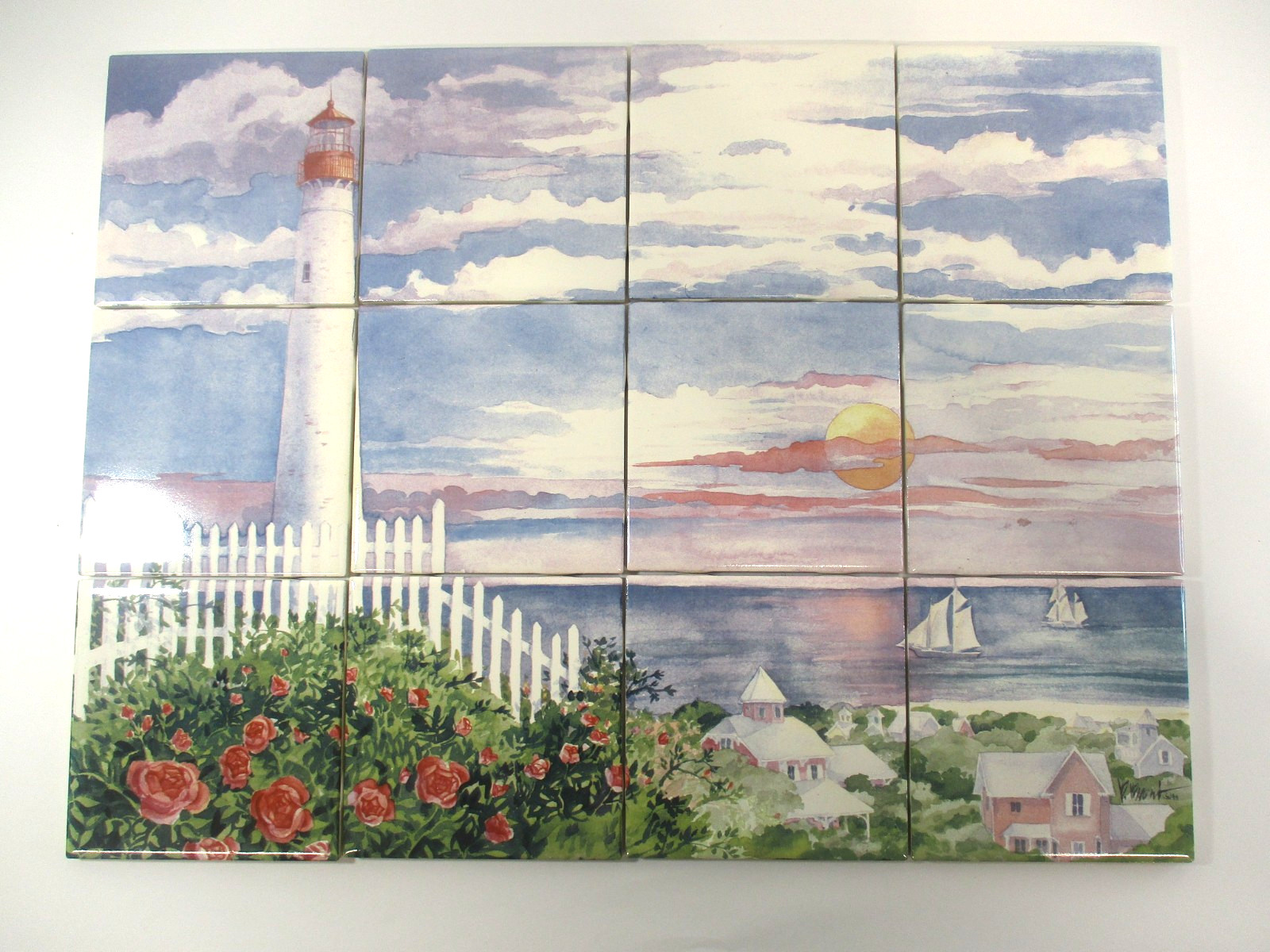 Vtg Ceramic 4.25″ Tile Mural Kitchen Backsplash Paul Brent OCEAN VIEW LIGHTHOUSE