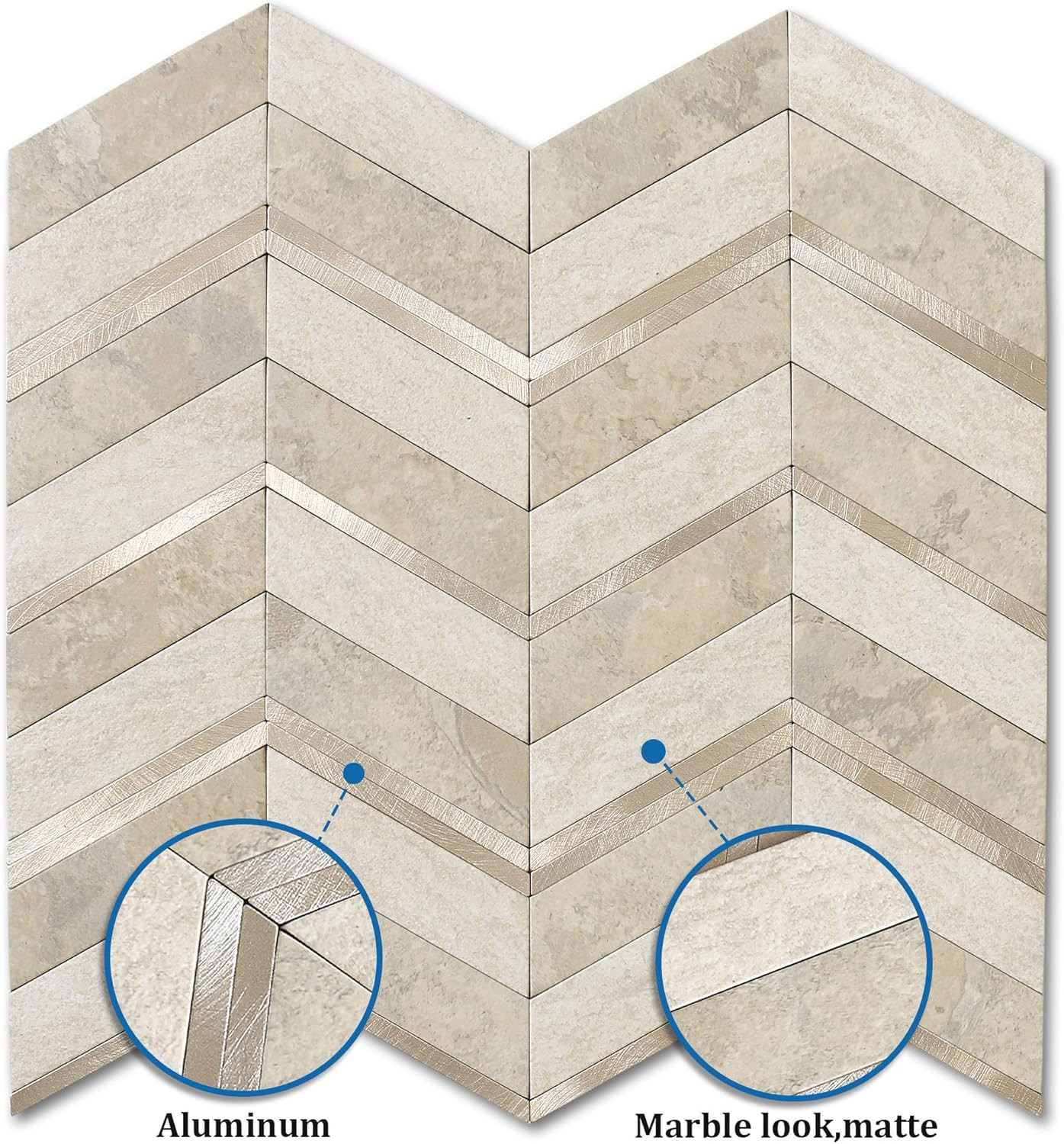 Stone Look Herringbone Peel and Stick Kitchen Backsplash Tiles – Beige, 10 Pcs