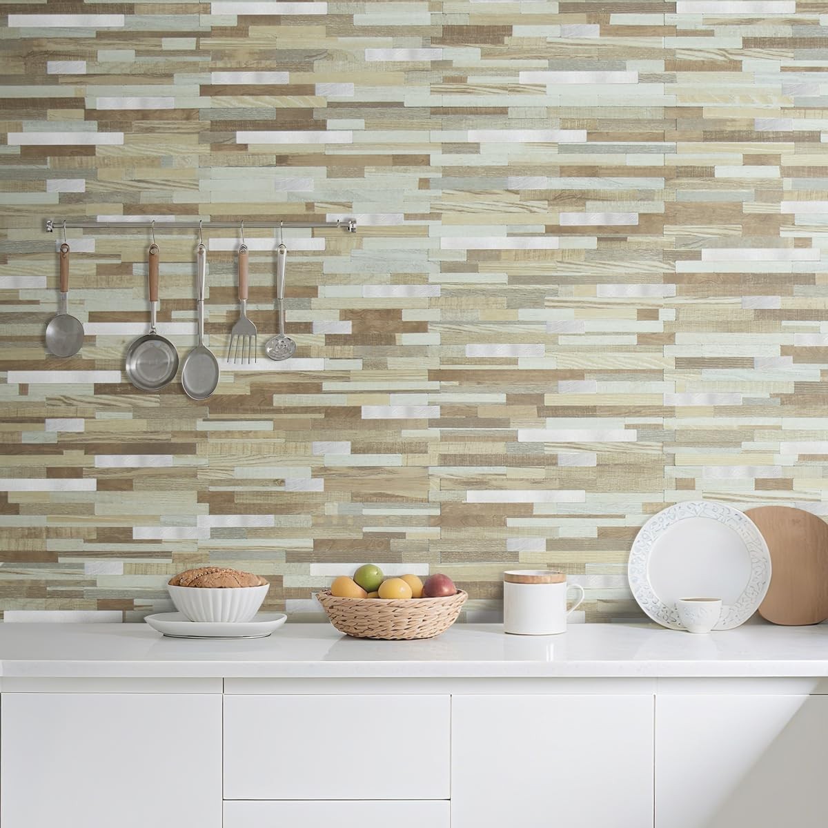 AULIGET 20 Sheets Beige & Brown Wood Peel and Stick Backsplash, PVC Mixed Met…