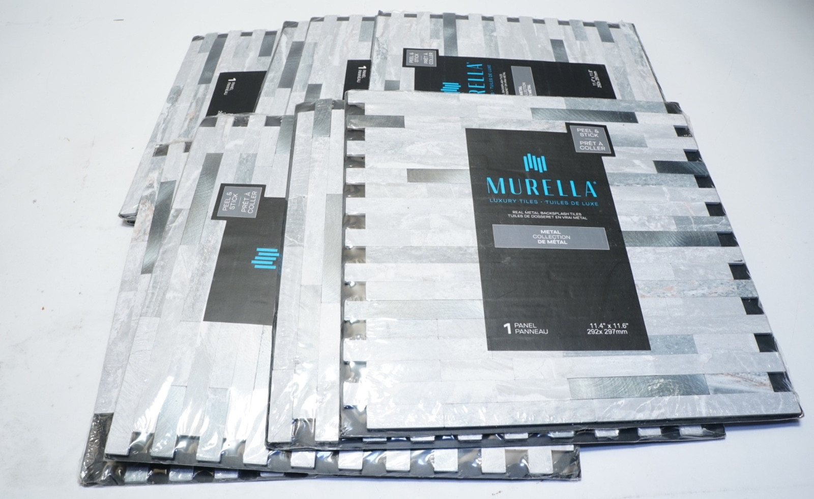 Lot of 9 Metal By ASP Peel & Stick Backsplash Tile Pearl Blue Slver 11.5″x11.7″