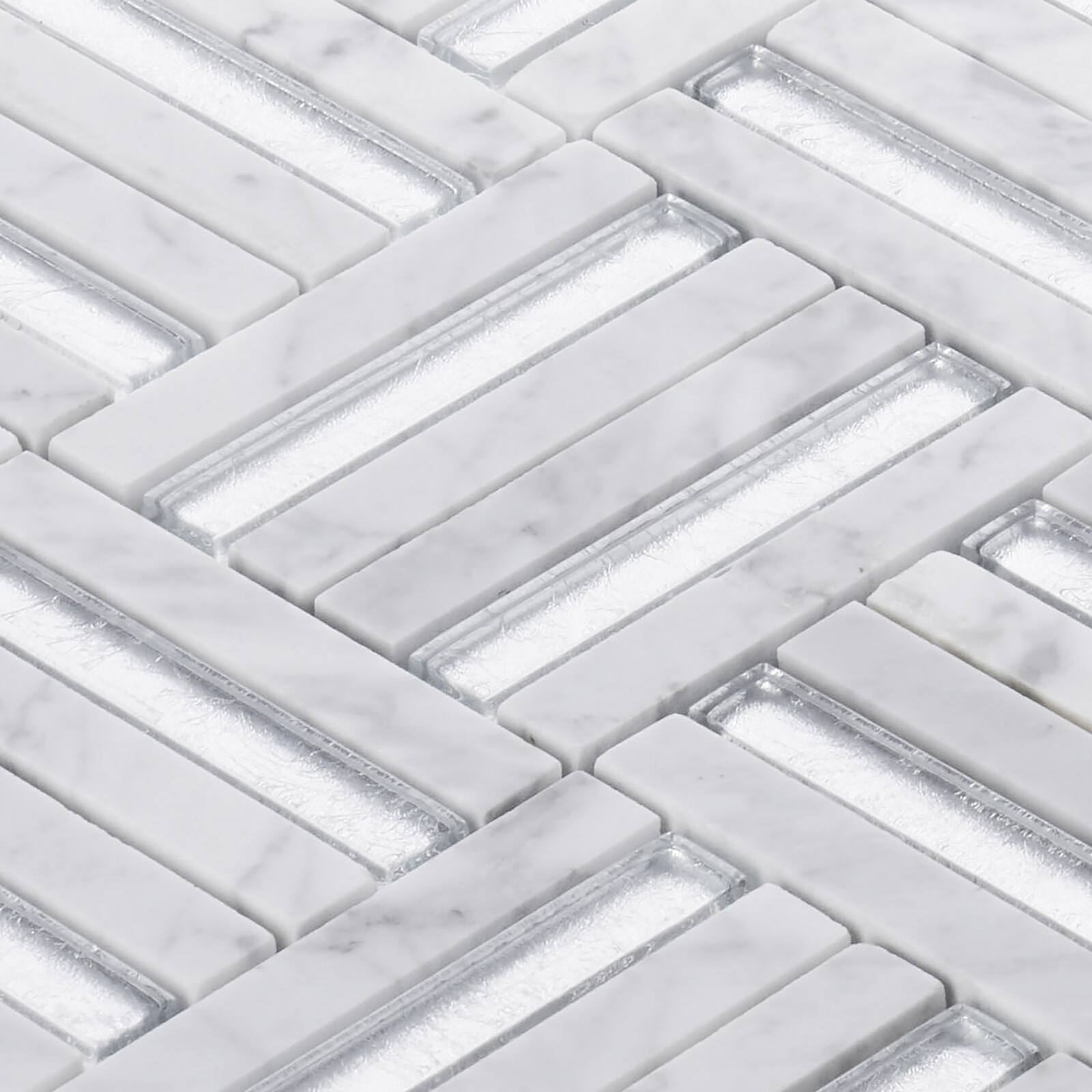 White Calacatta Marble Stone Silver Glass Insert Parquet Mosaic Tile Backsplash